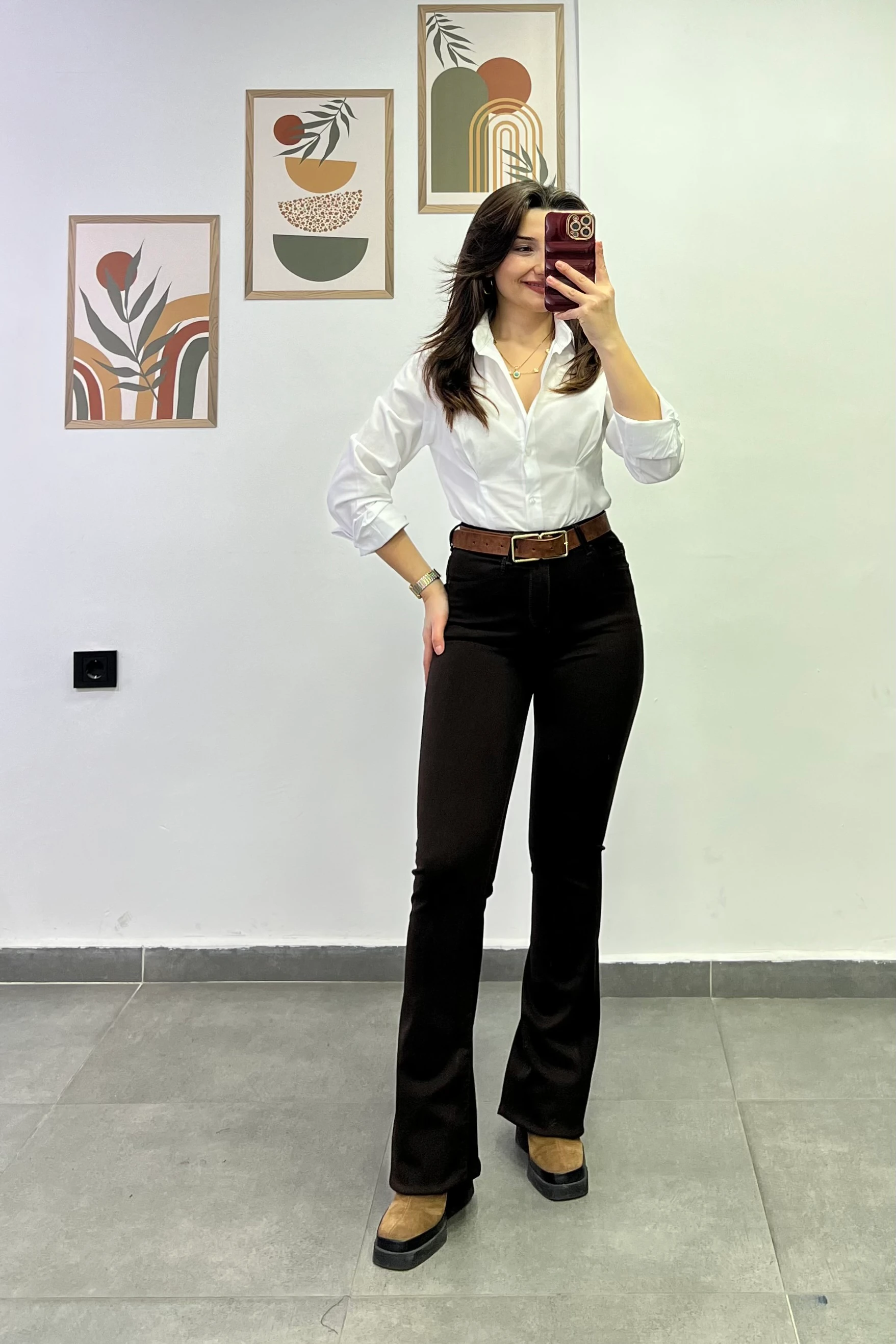 Yüksek Bel İspanyol Paça Kahverengi Pantolon - KAHVERENGİ