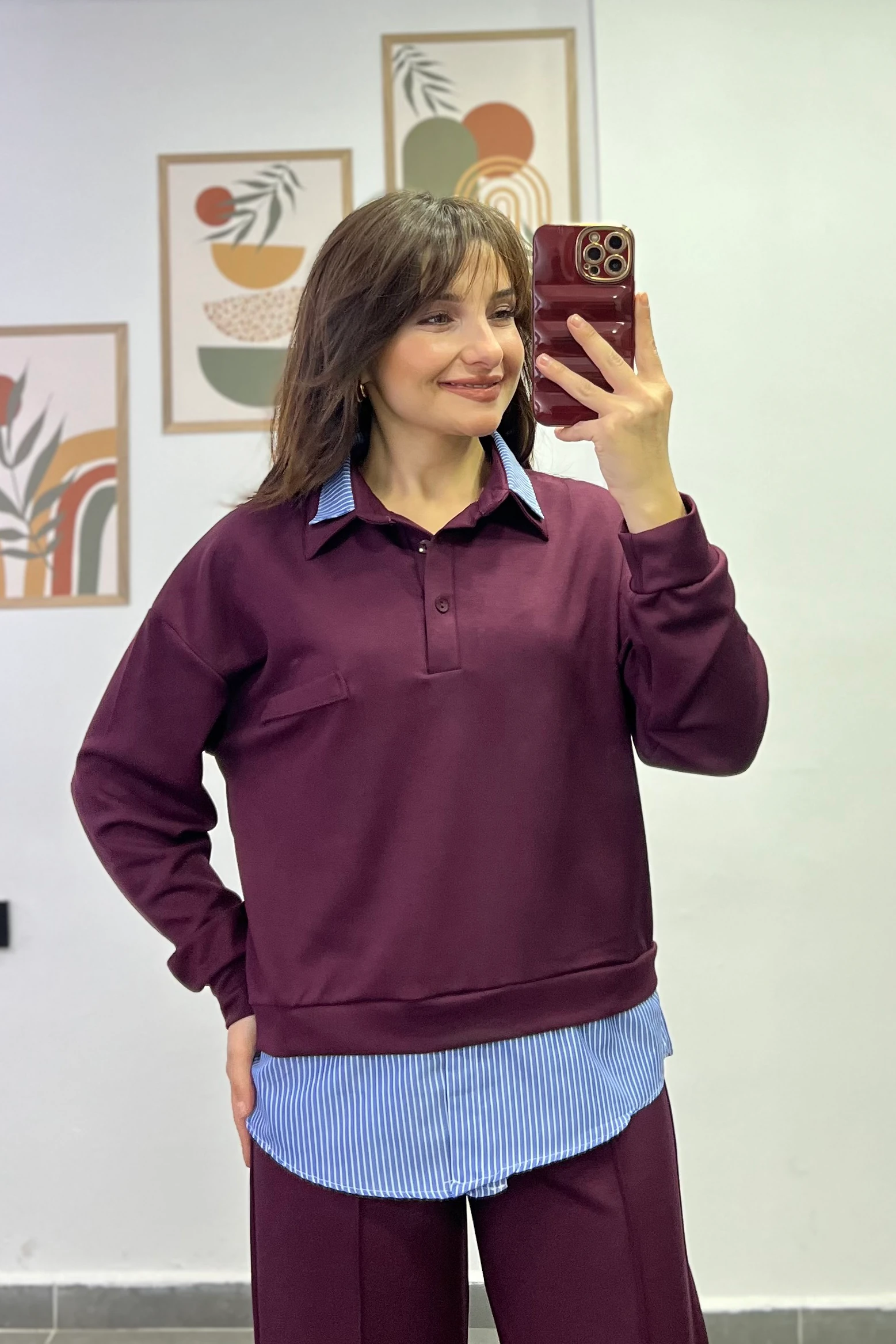 Polo Yaka Yakası Ve Bel Kısmı Gömlek Detaylı Pantolonu Cepli Ve Çima Dikişli Eşofman Takımı - BORDO