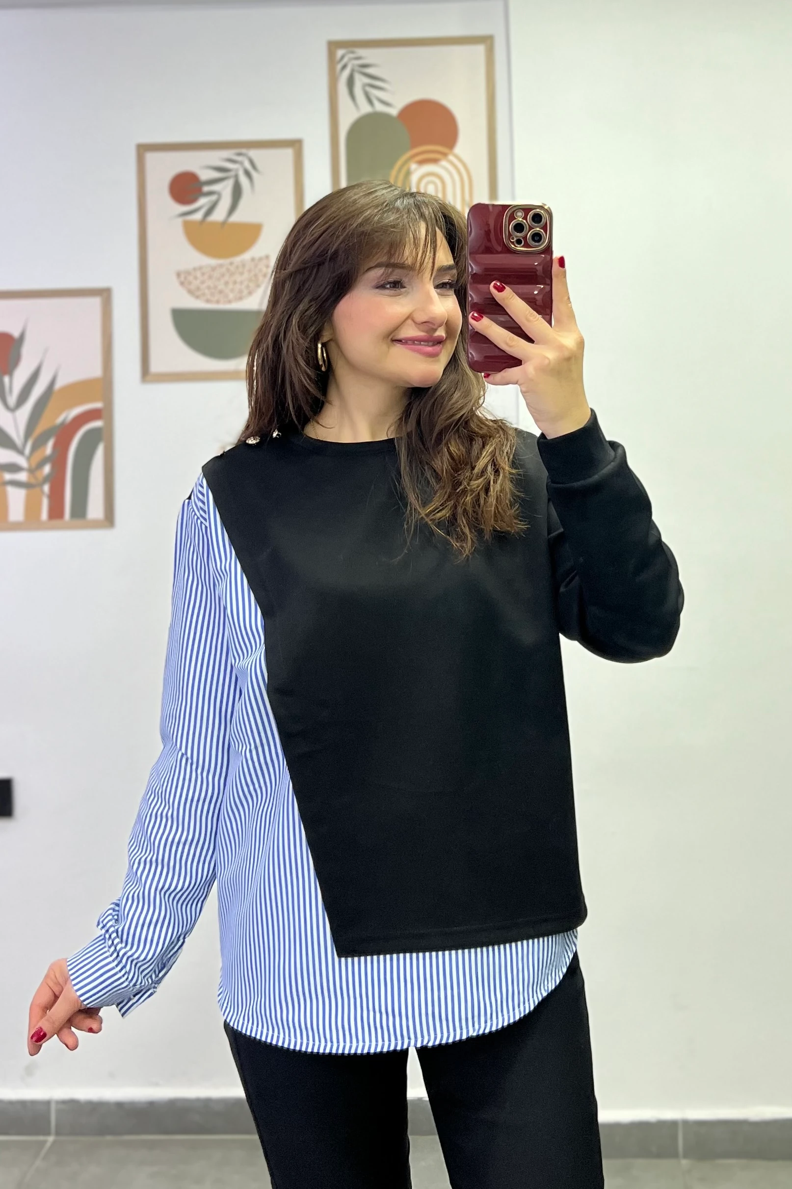 Omzu Gold Düğmeli Önü Kapaklı Tek Tarafı Gömlek Detaylı Sweatshırt - Siyah