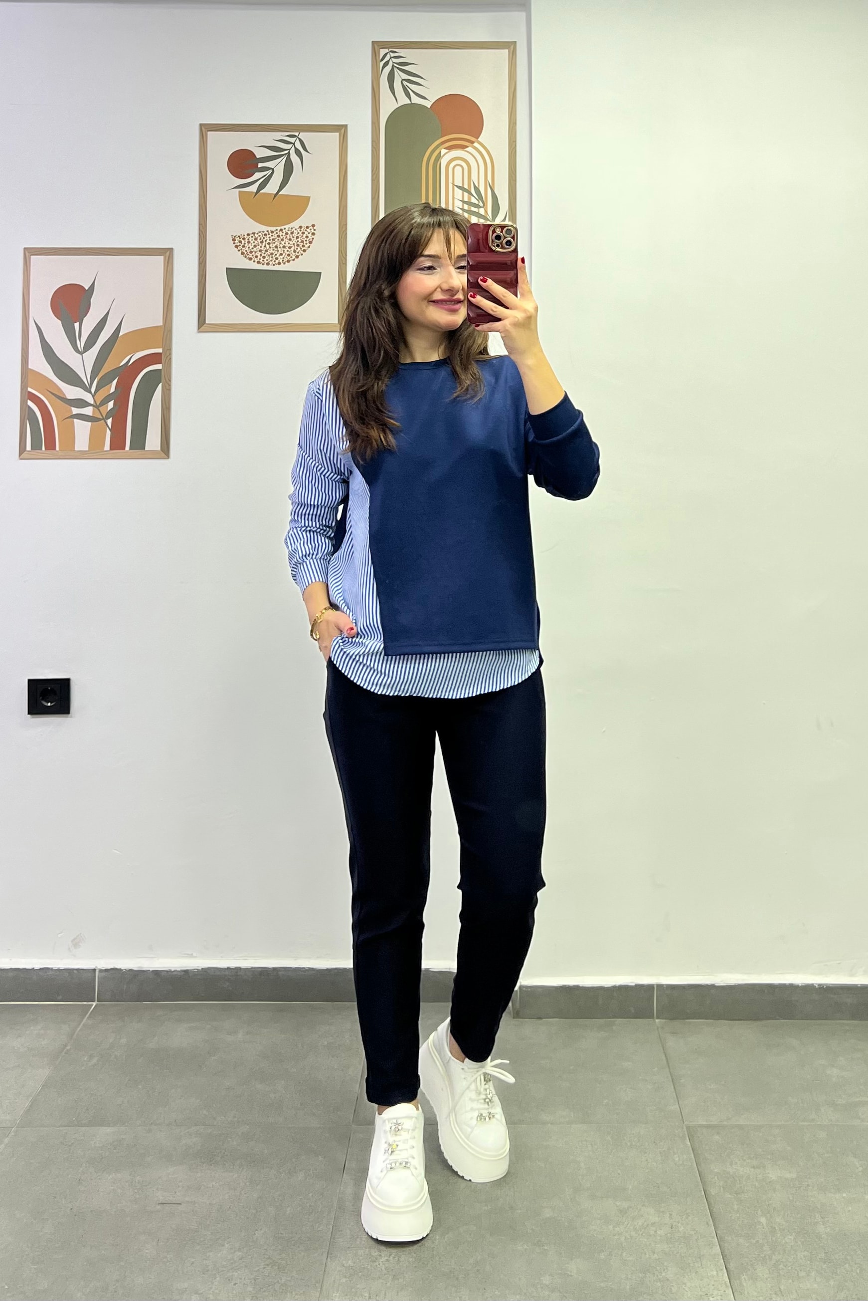 Omzu Gold Düğmeli Önü Kapaklı Tek Tarafı Gömlek Detaylı Sweatshırt - LACIVERT