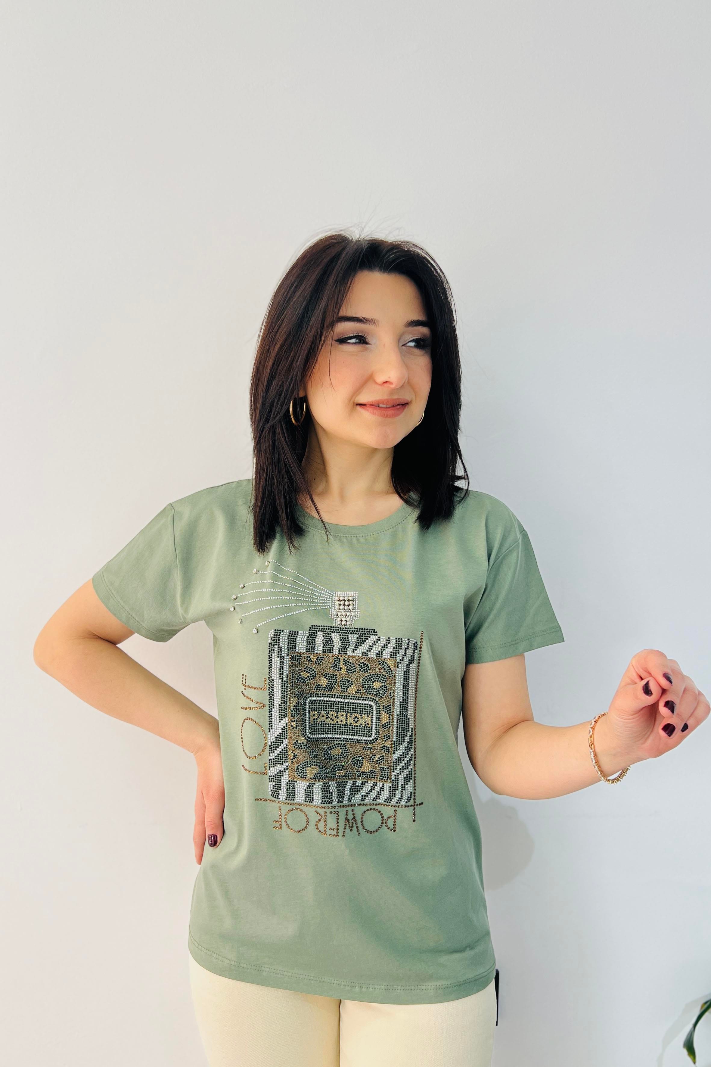 Önü Taş Detaylı T-shırt Haki