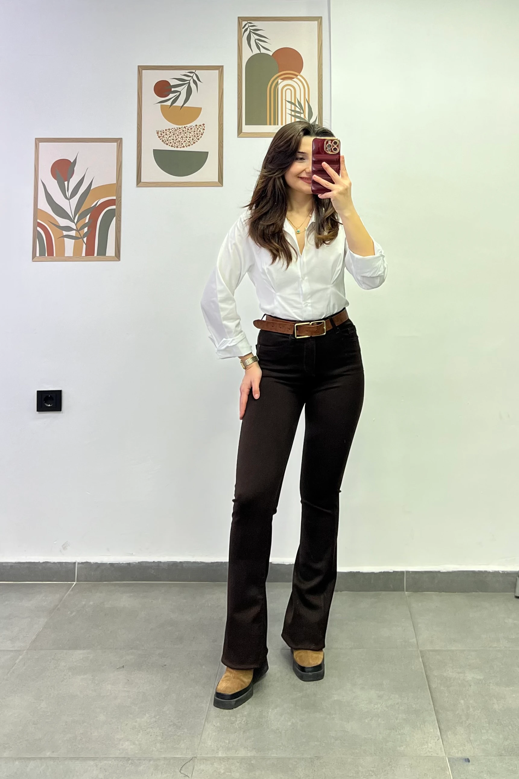 Yüksek Bel İspanyol Paça Kahverengi Pantolon - KAHVERENGİ