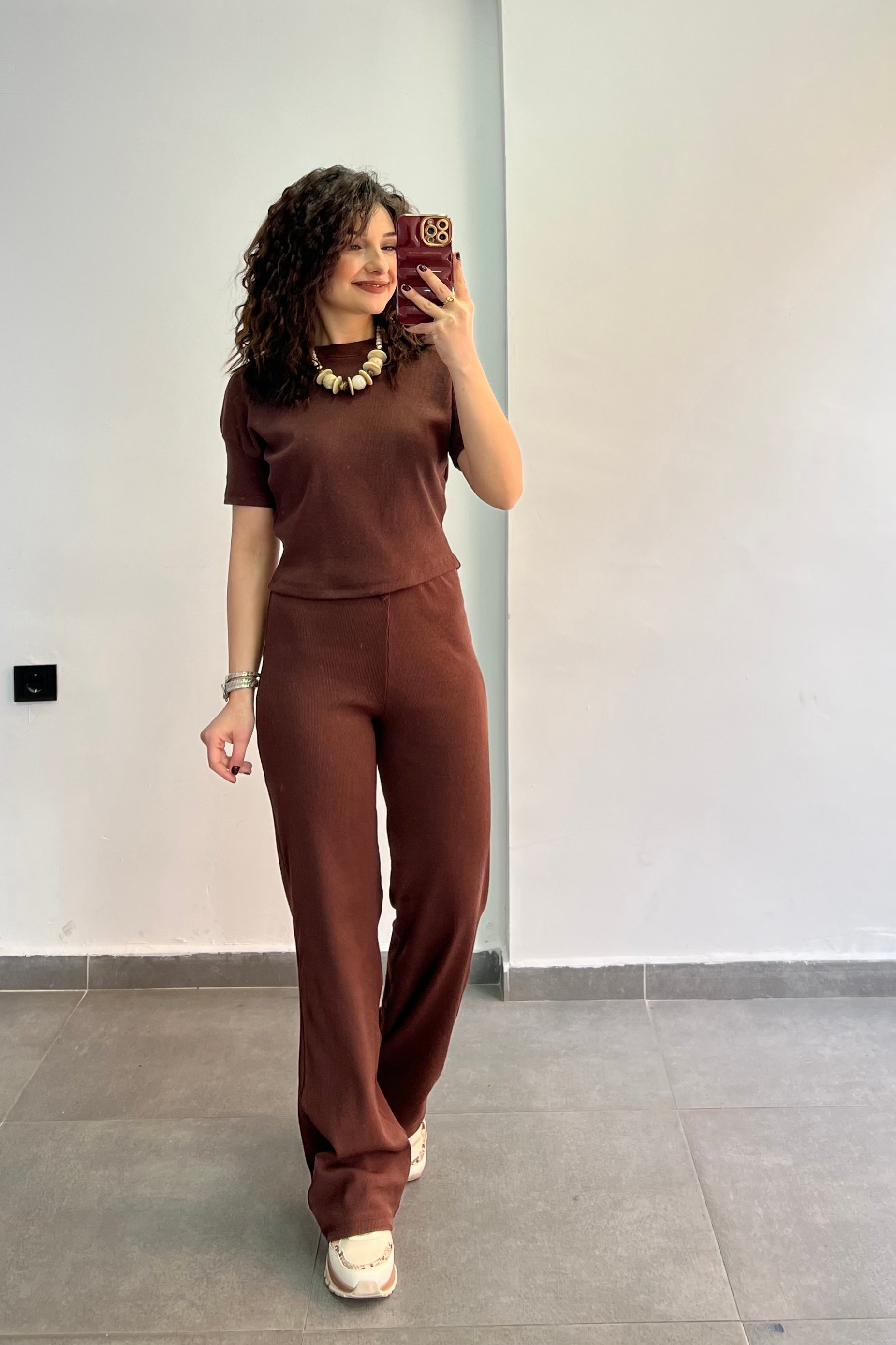 Bisiklet Yaka Beli Bağlamalı Fitilli Kumaş İkili Takım - KAHVERENGI