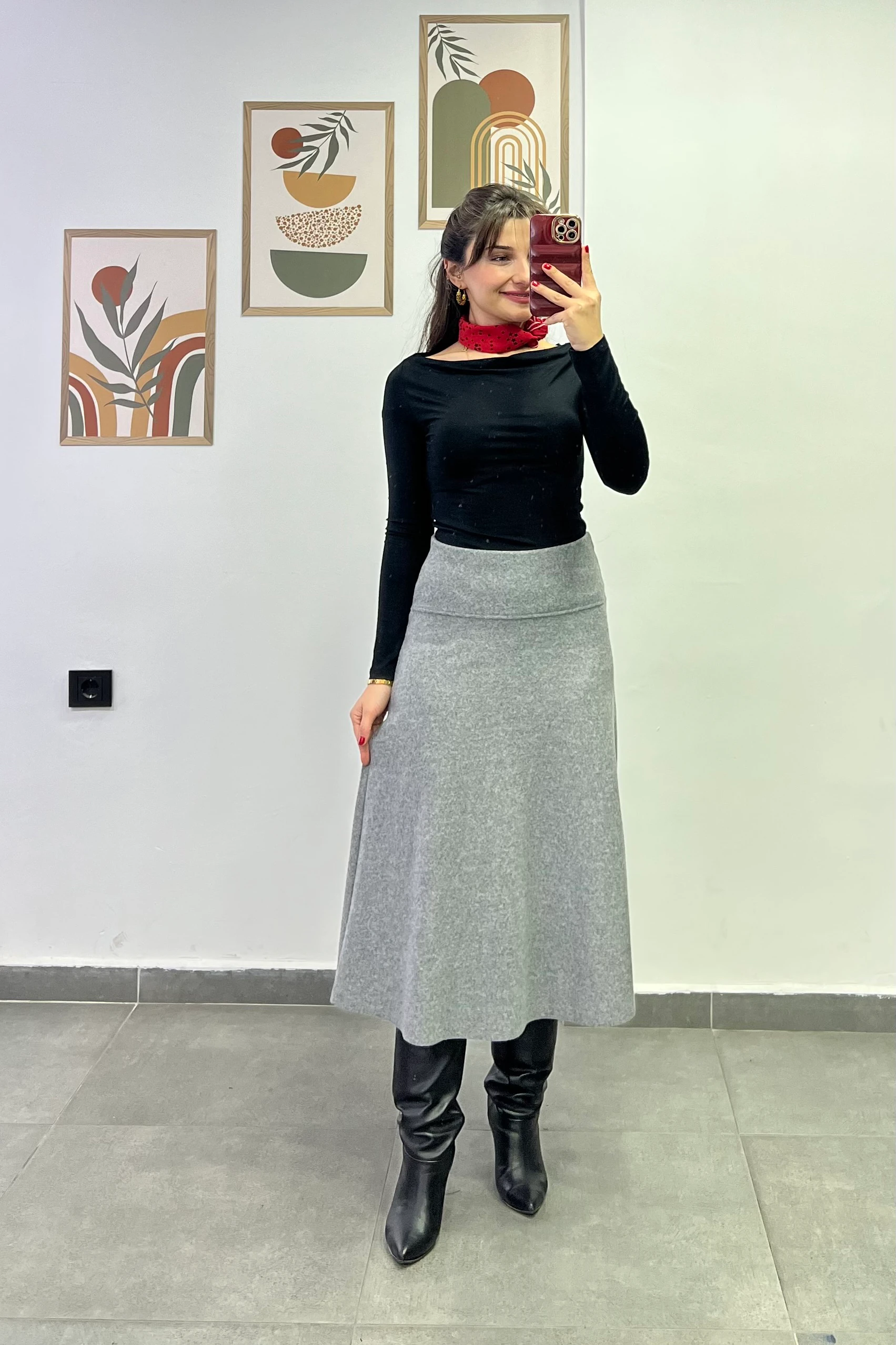 Beli Kalın Korsaj Detaylı Etek Ucu Kesik Selanik Kumaş Çan Etek - AÇIK GRİ