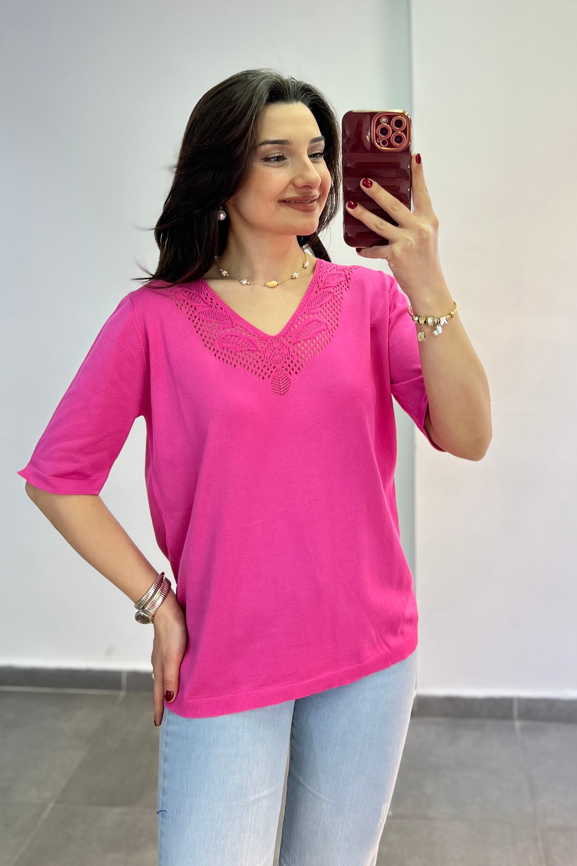 Yakası Ve Sırtı Örmeli Kısa Kollu Triko - PEMBE