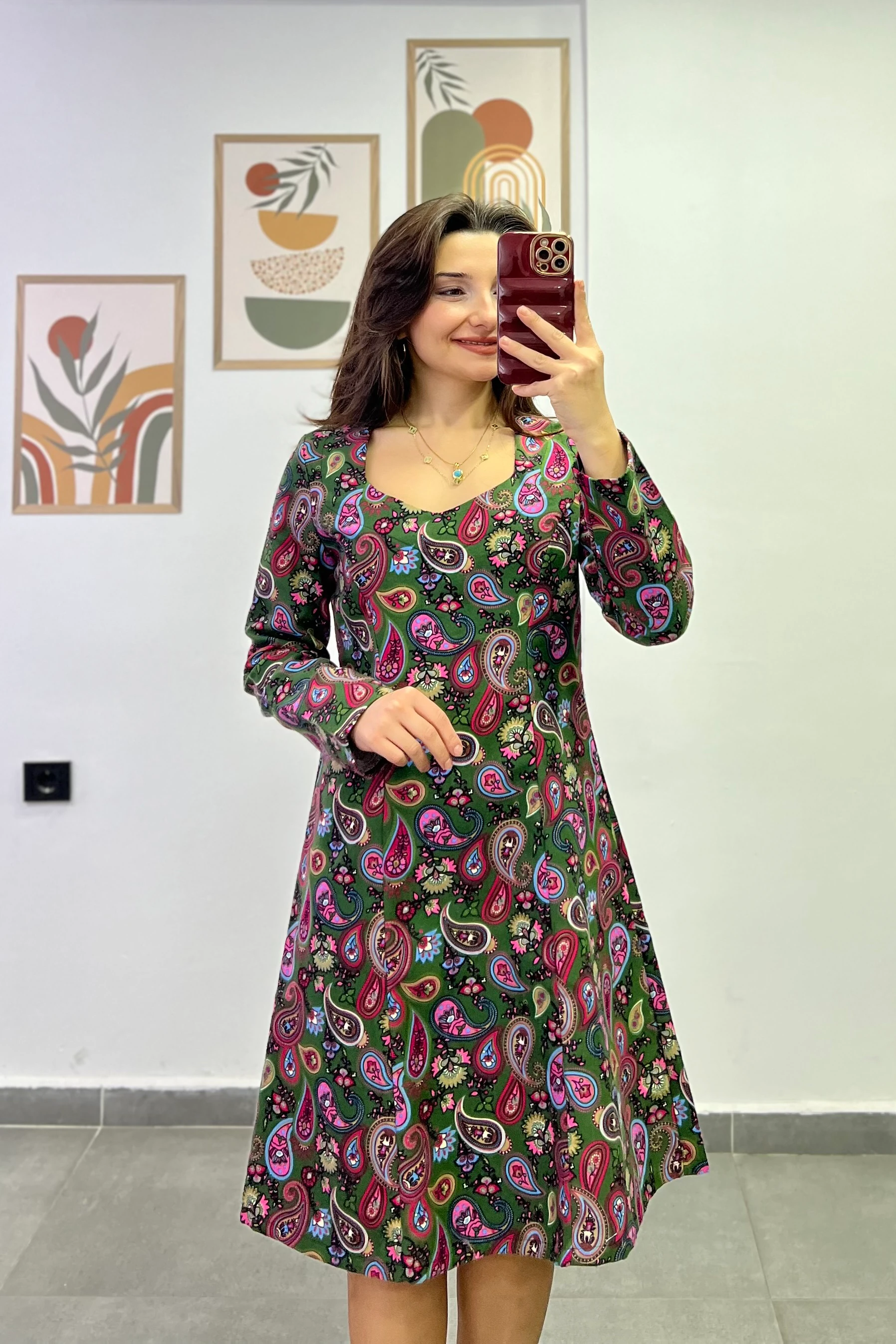 Roma Yaka Arkası Fermuarlı Pazen Kumaş Elbise  - PEMBE HAKİ