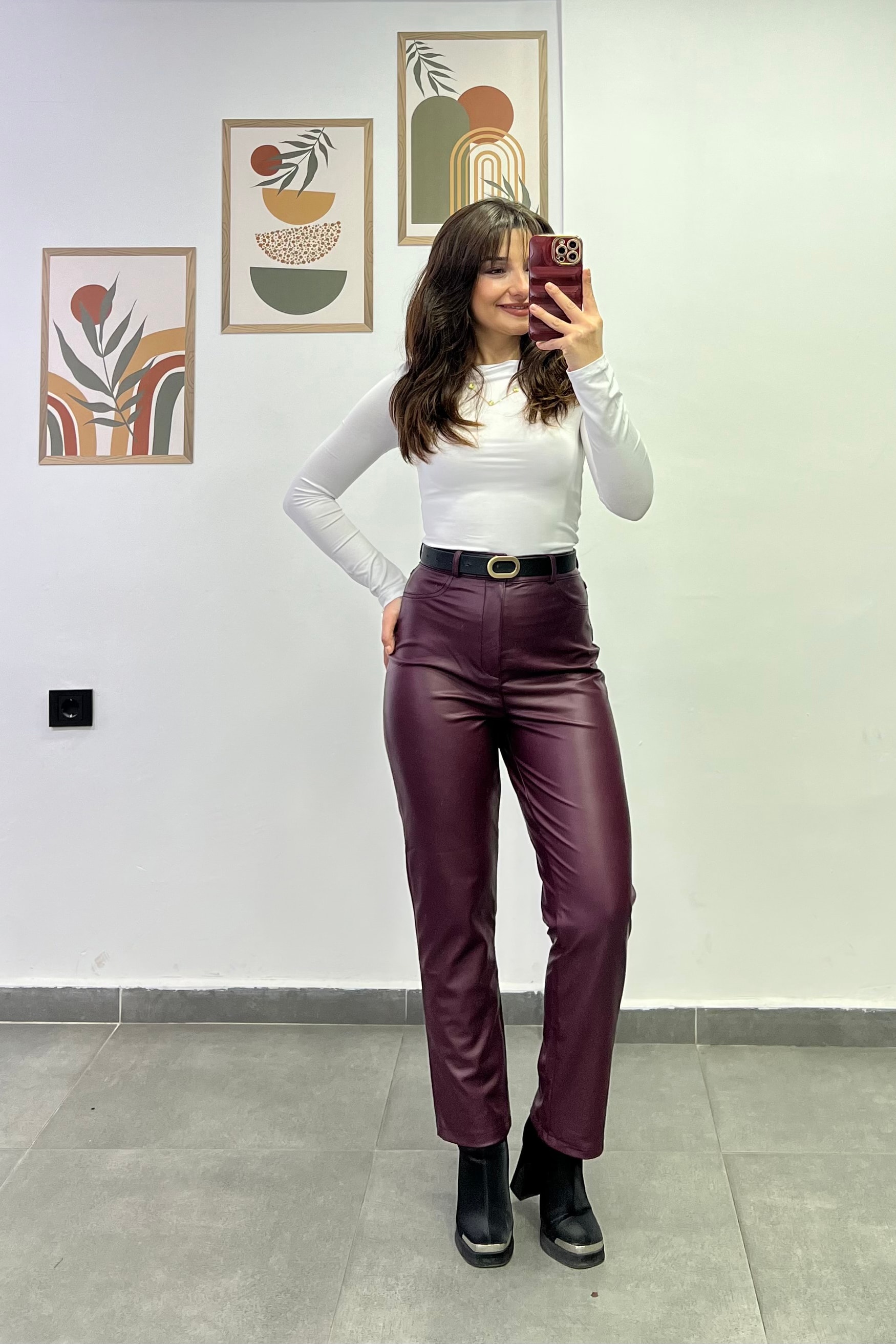 Yüksek Bel Boru Paça İçi Şardonlu Deri Pantolon - BORDO