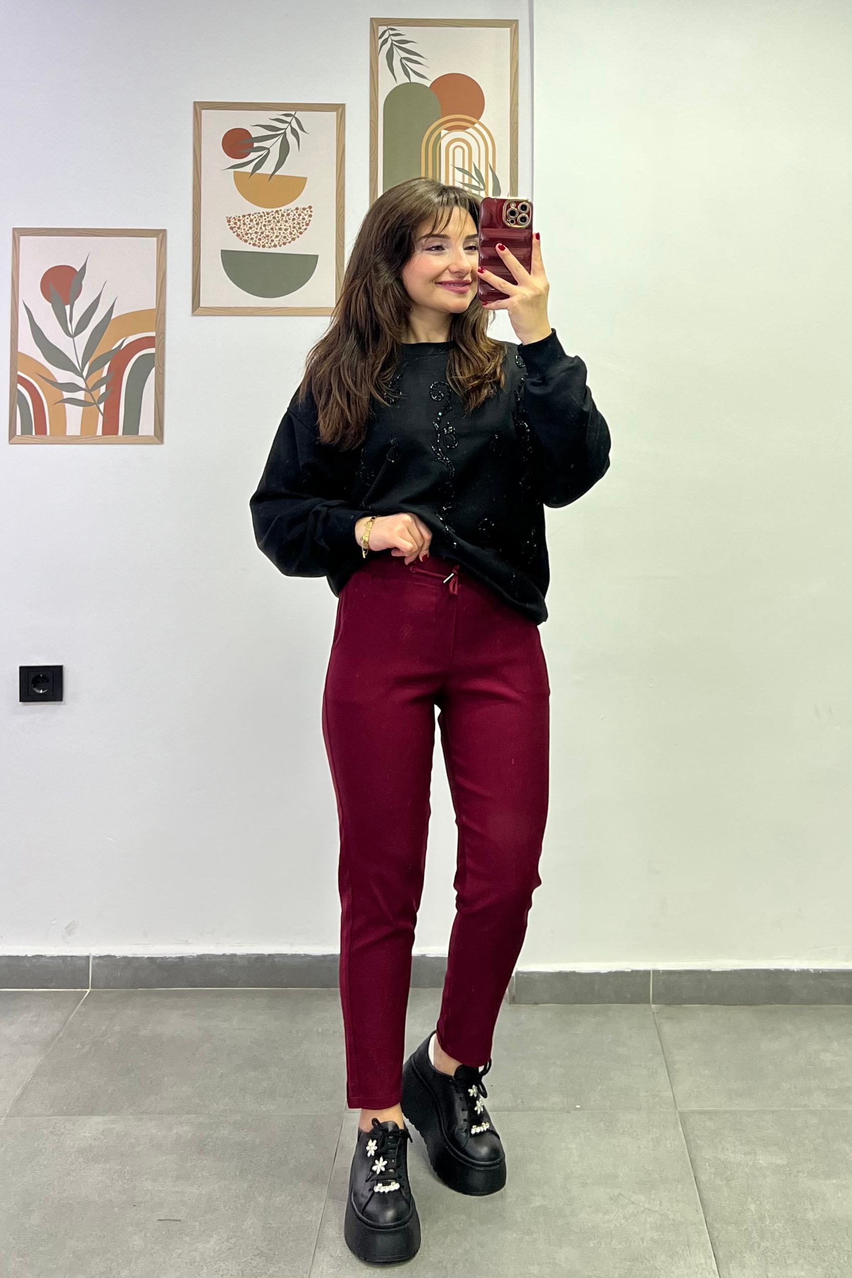 Beli Lastikli Duble Paça Cep Detaylı Pantolon - BORDO