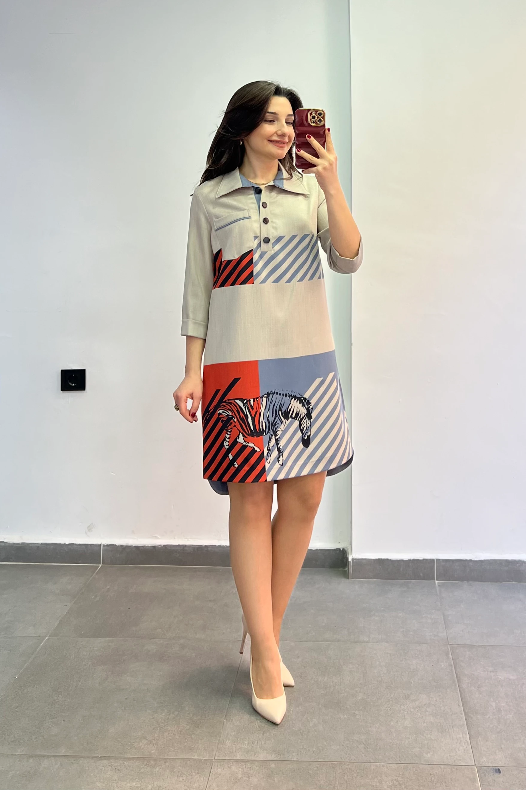 Polo Yaka Çizgili Şerit Zebra Desenli Tek Posta Cep Truvakar Kol Elbise