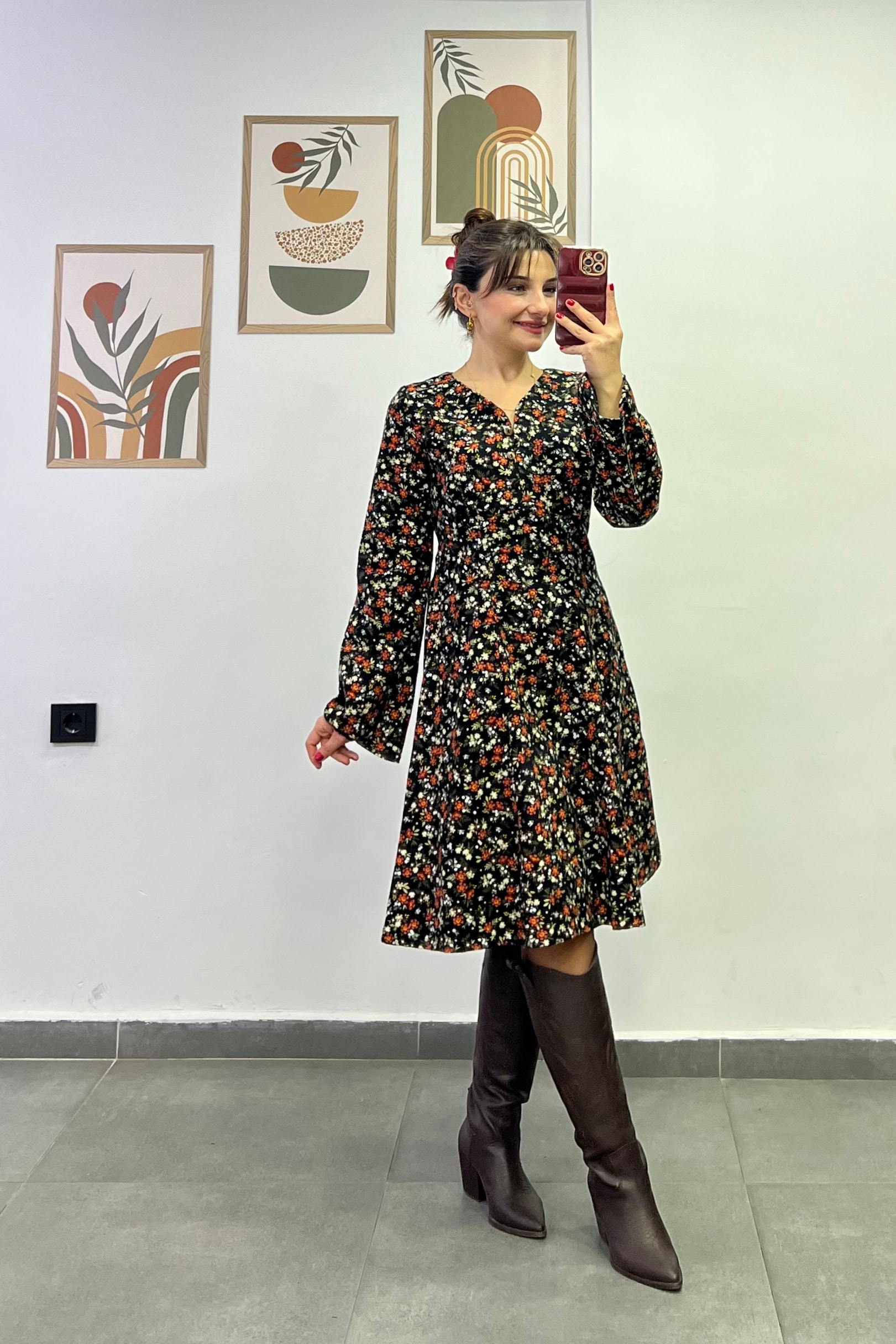 Damla Yaka Düğme Detaylı Pazen  Kumaş Çan Elbise