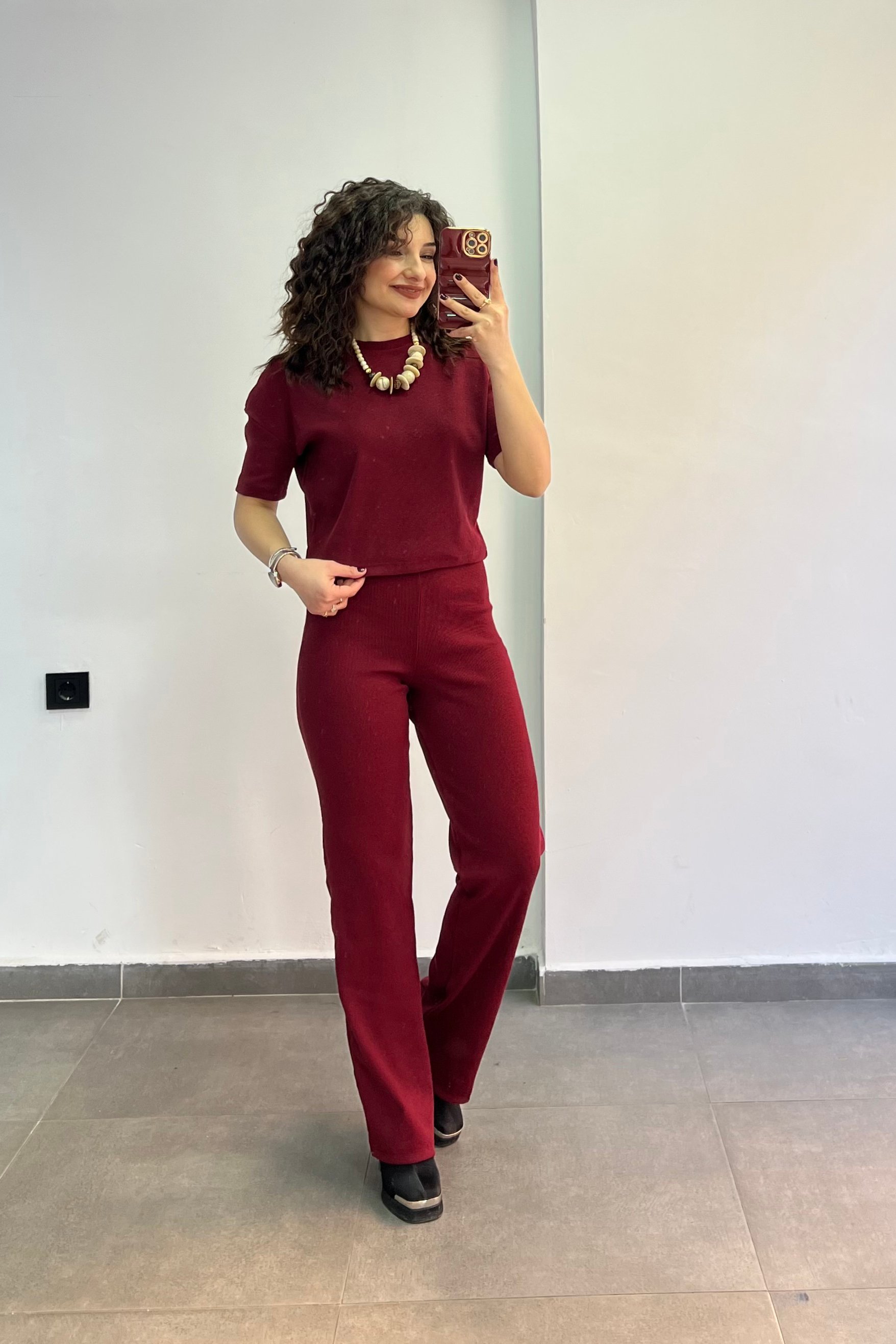 Bisiklet Yaka Beli Bağlamalı Fitilli Kumaş İkili Takım - BORDO