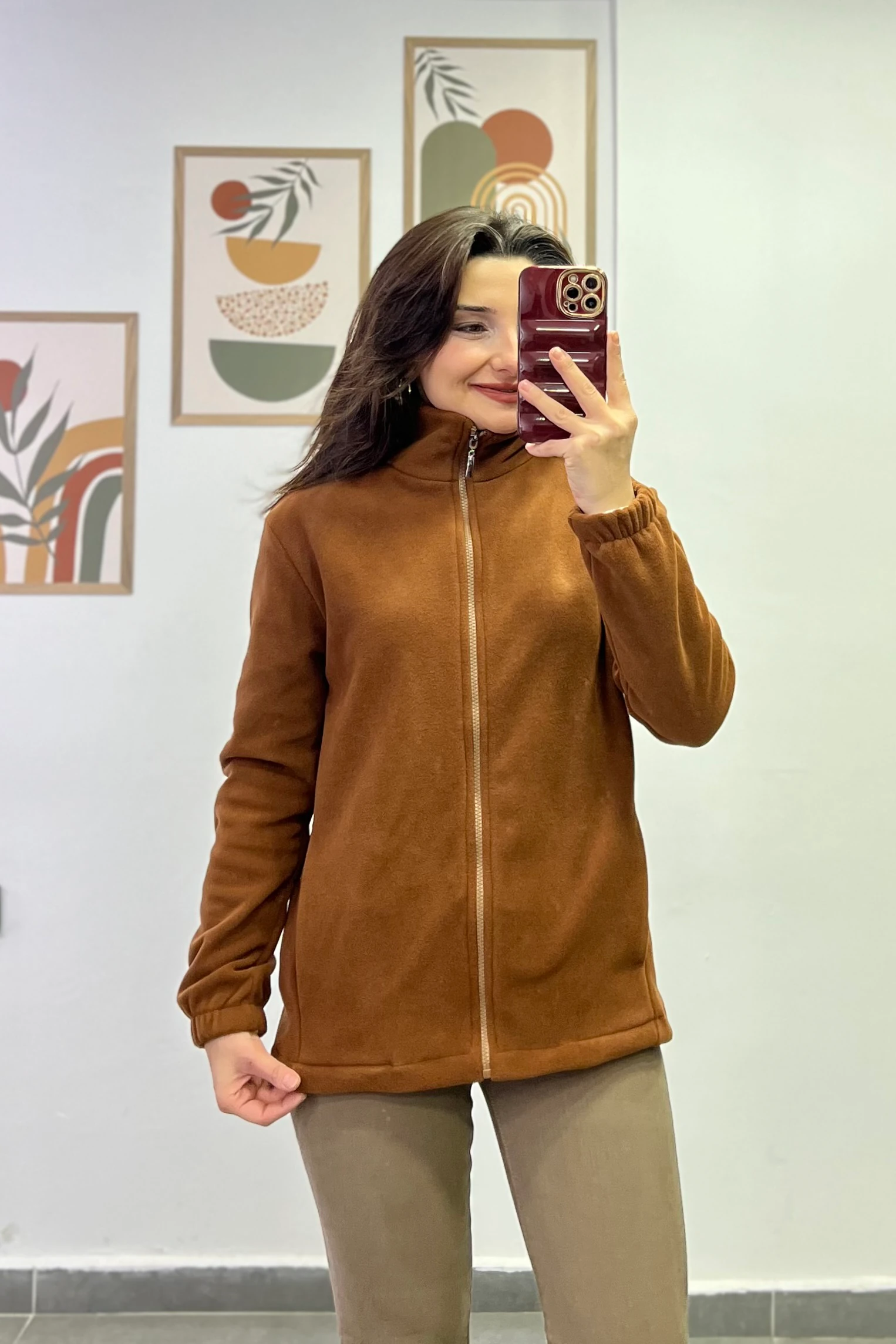 Kol Manşetleri Lastikli Fermuar Detaylı Cepli Polar Ceket - TABA