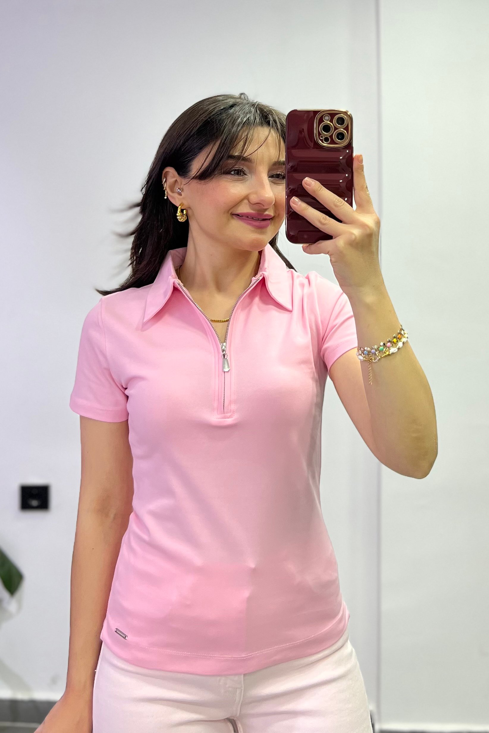 Polo Yaka Yakası Gümüş Fermuar Detaylı Tshırt - PEMBE