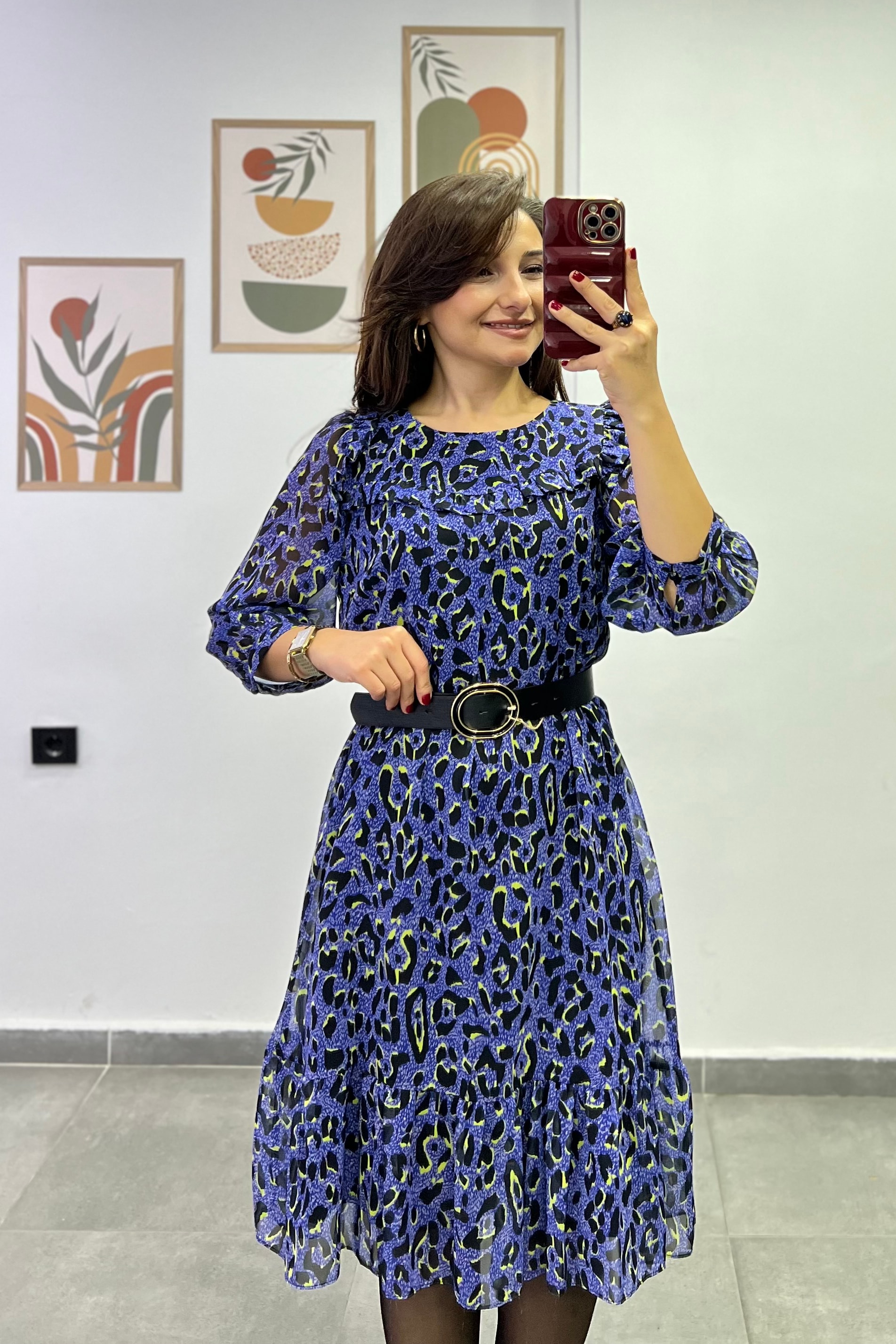 Etek Ucu Volanlı Sırtı Pencere Ve Bağlama Detaylı Kemerli Astarlı Şifon Elbise