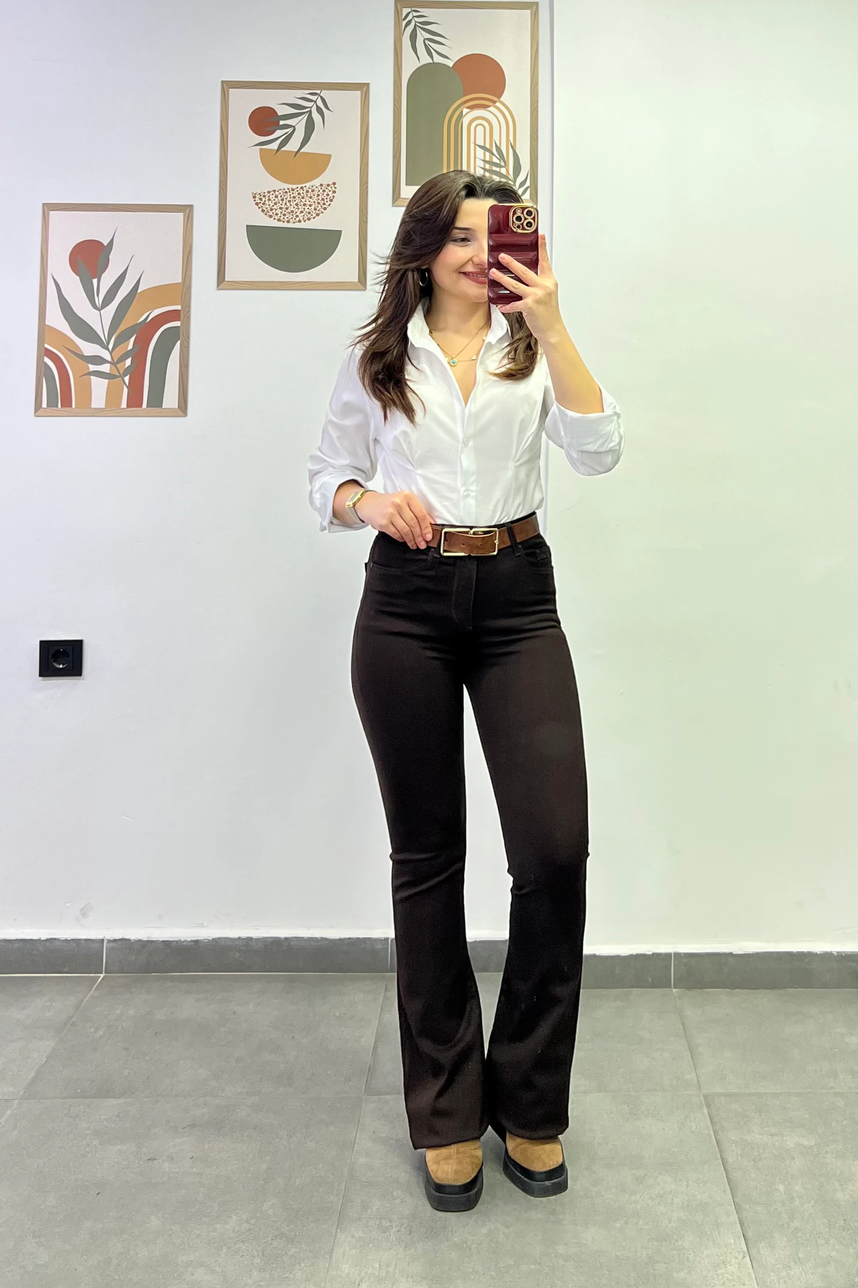 Yüksek Bel İspanyol Paça Kahverengi Pantolon - KAHVERENGİ