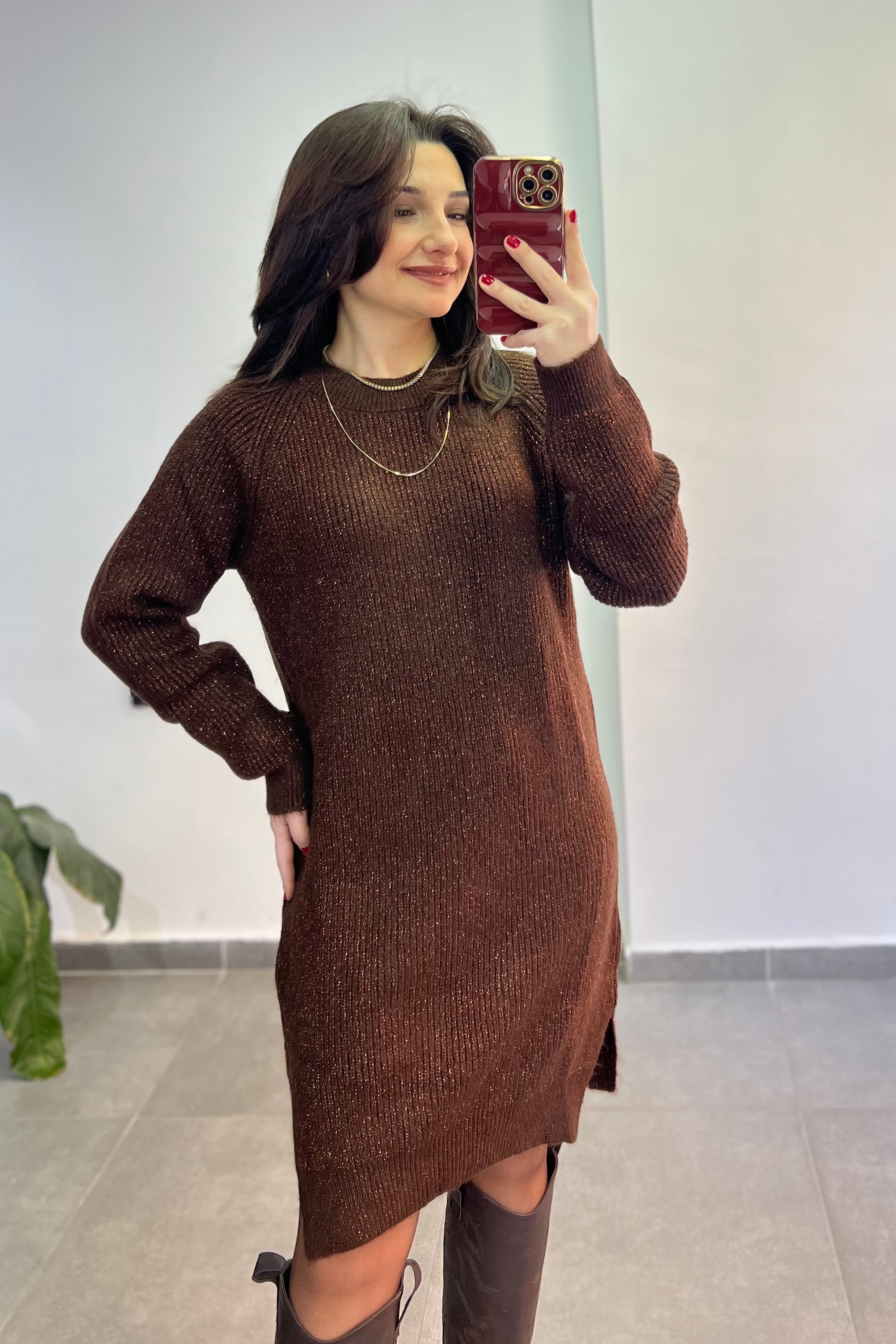 Bisiklet Yaka Simli Örme Elbise