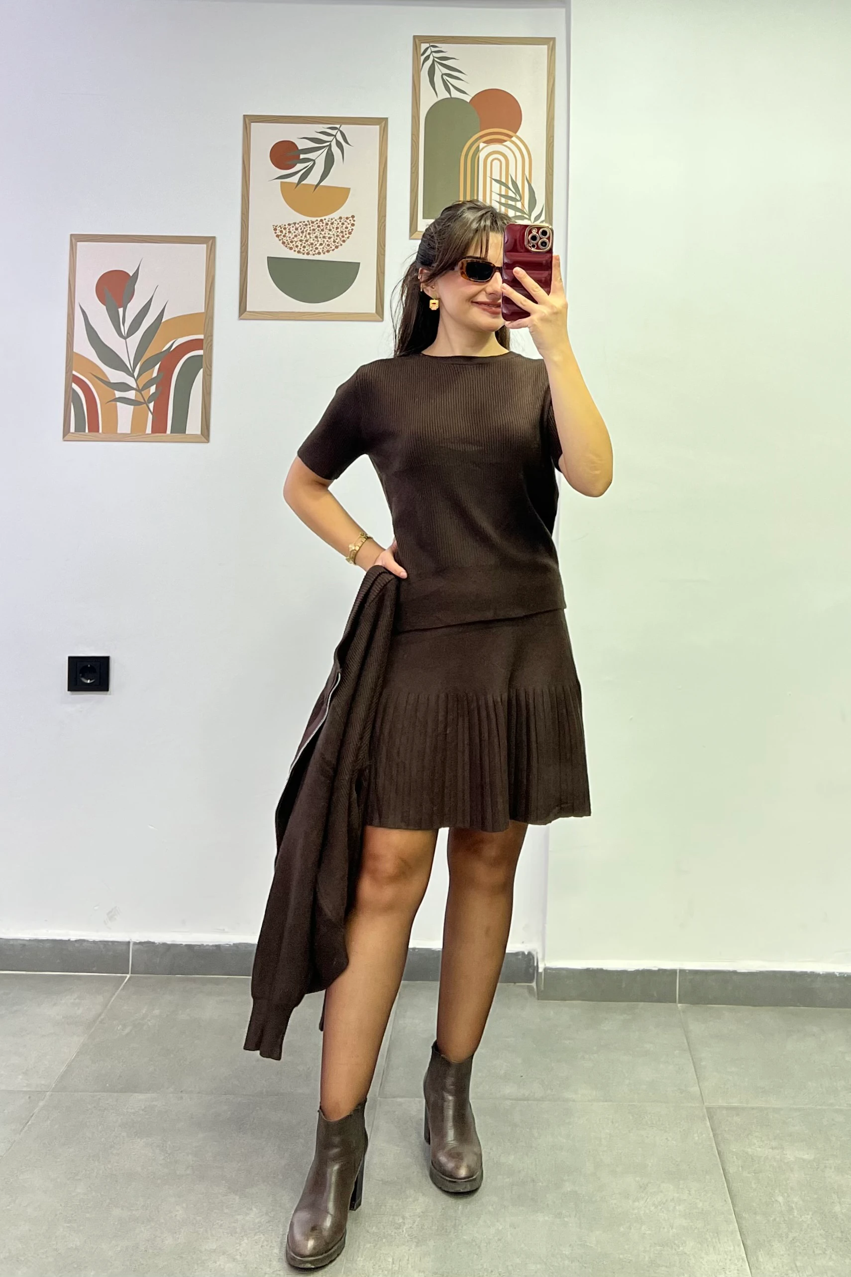 İçi Kısa Kollu Üzeri Fermuarlı Hırka Detaylı Etekli Triko Üçlü Takım