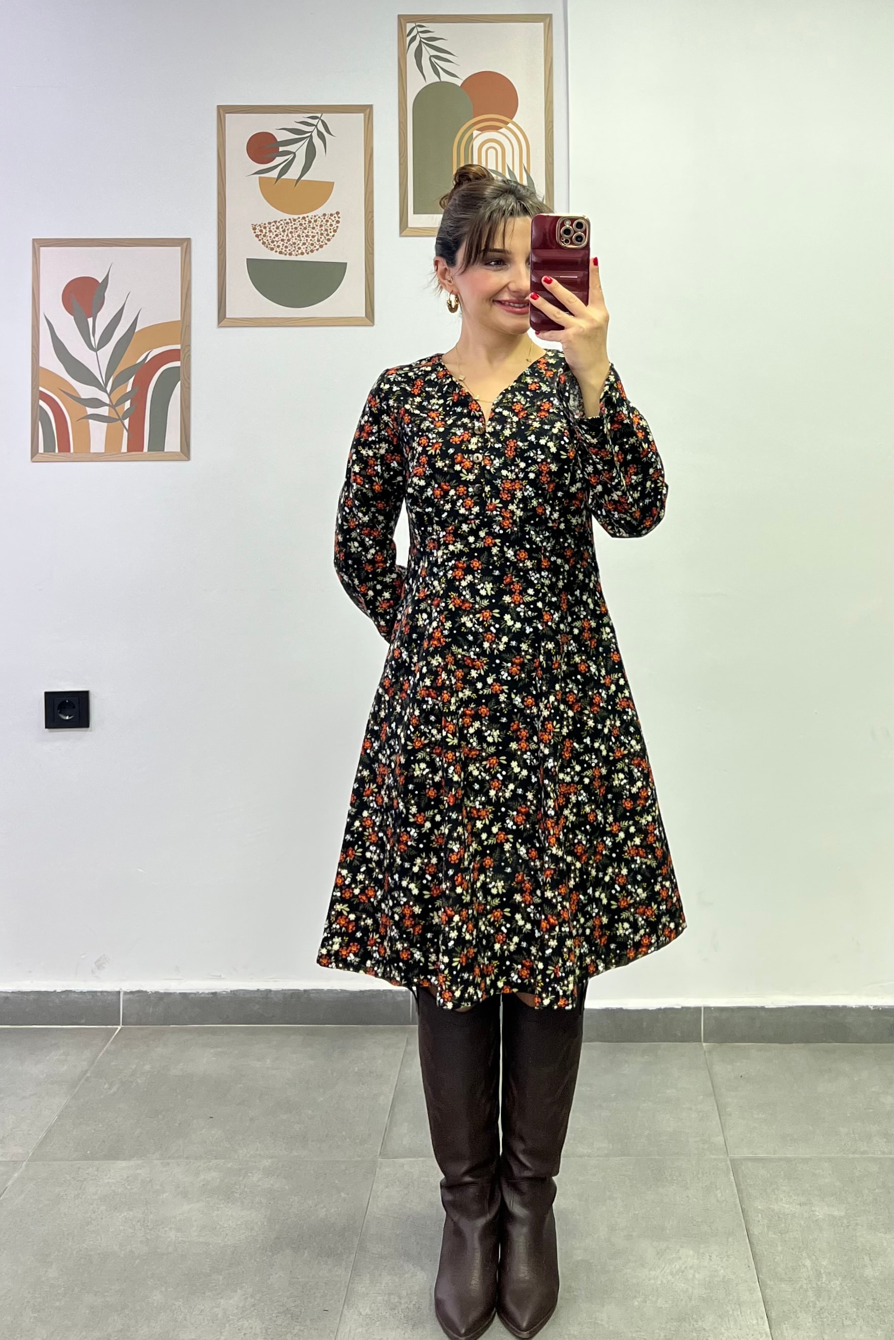 Damla Yaka Düğme Detaylı Pazen  Kumaş Çan Elbise