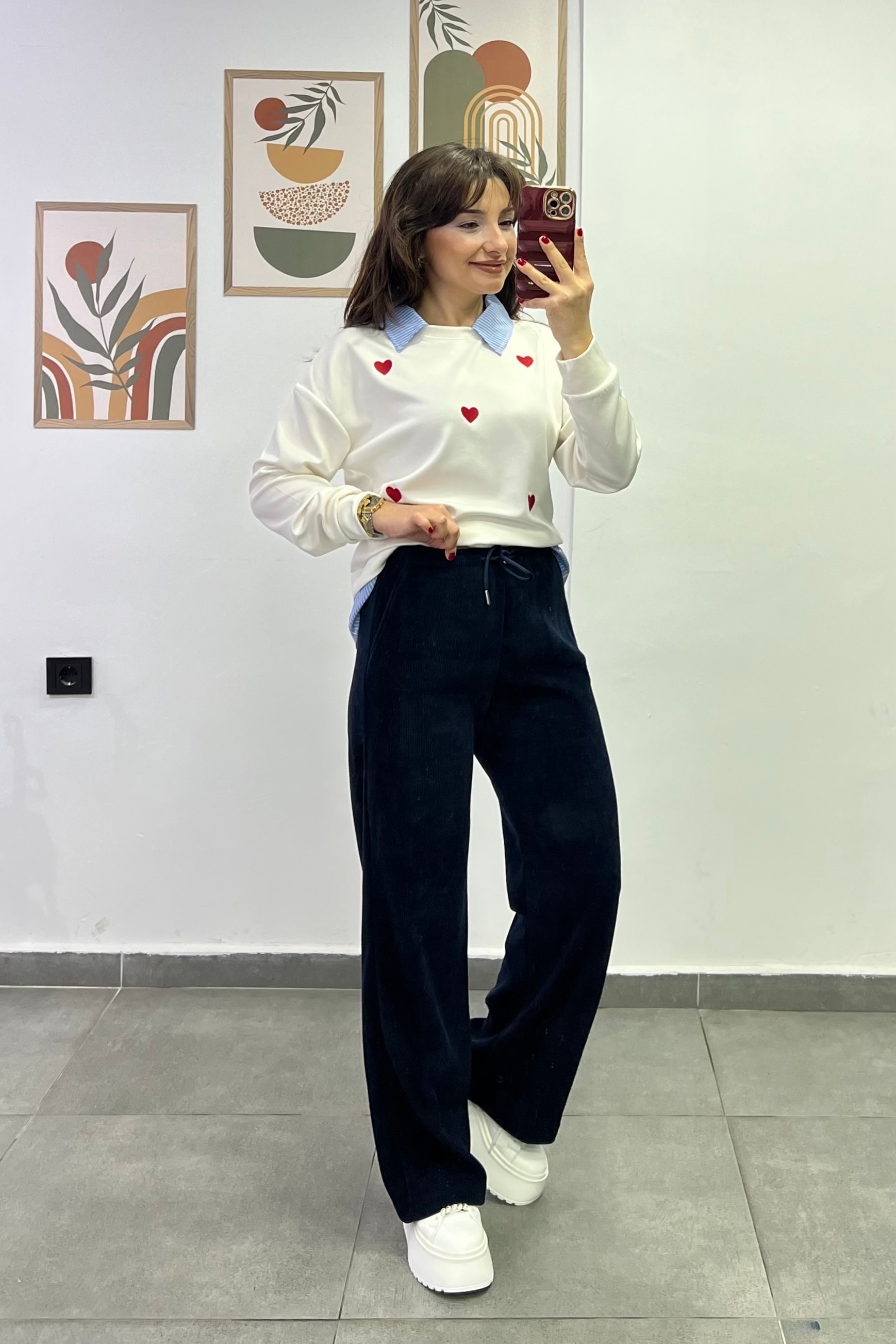 Beli Lastikli Cep Detaylı Bol Paça Fitilli Kadife Pantolon - LACIVERT