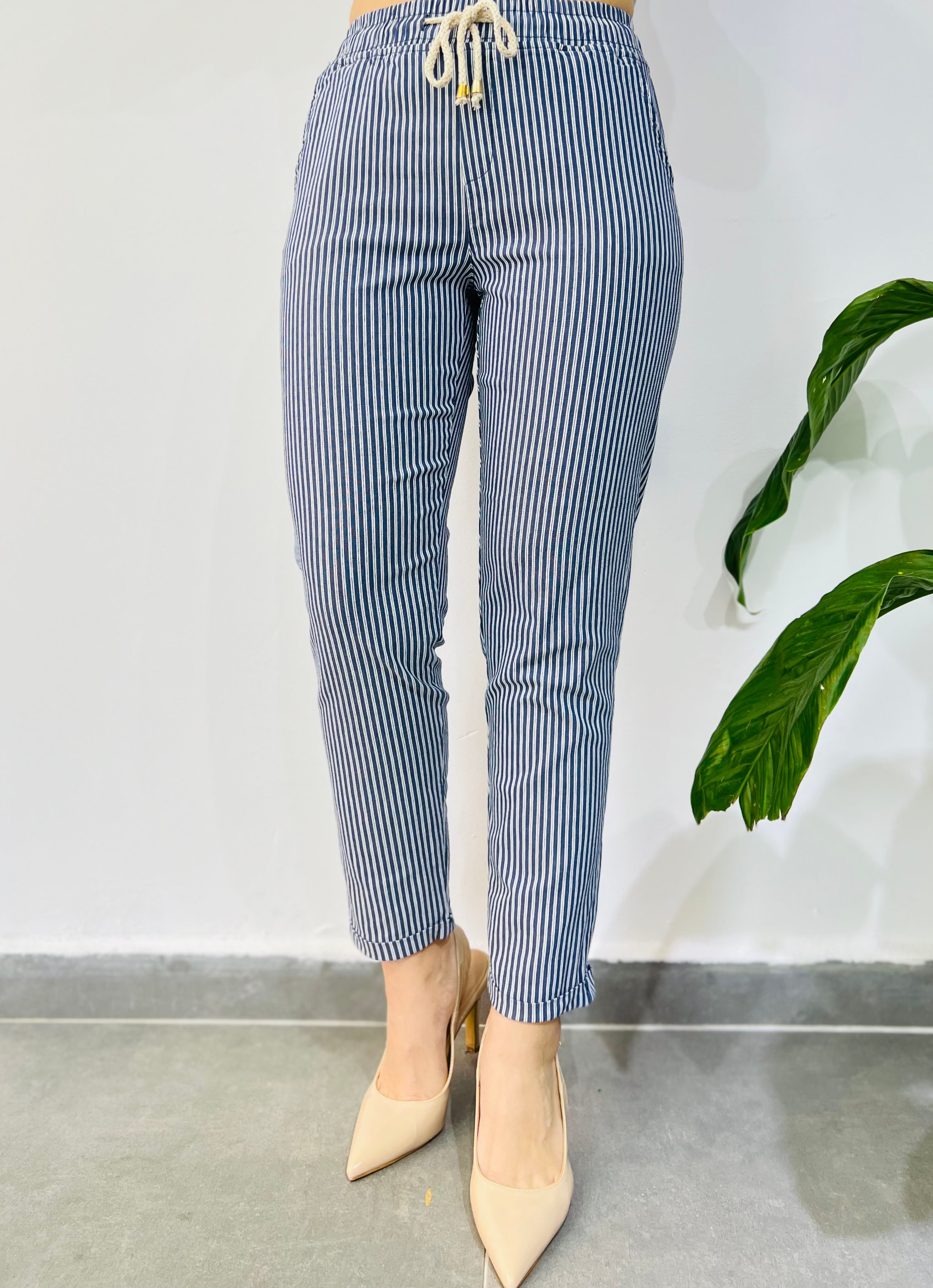 Beli Lastikli Çizgili Duble Paça Pantolon Lacivert