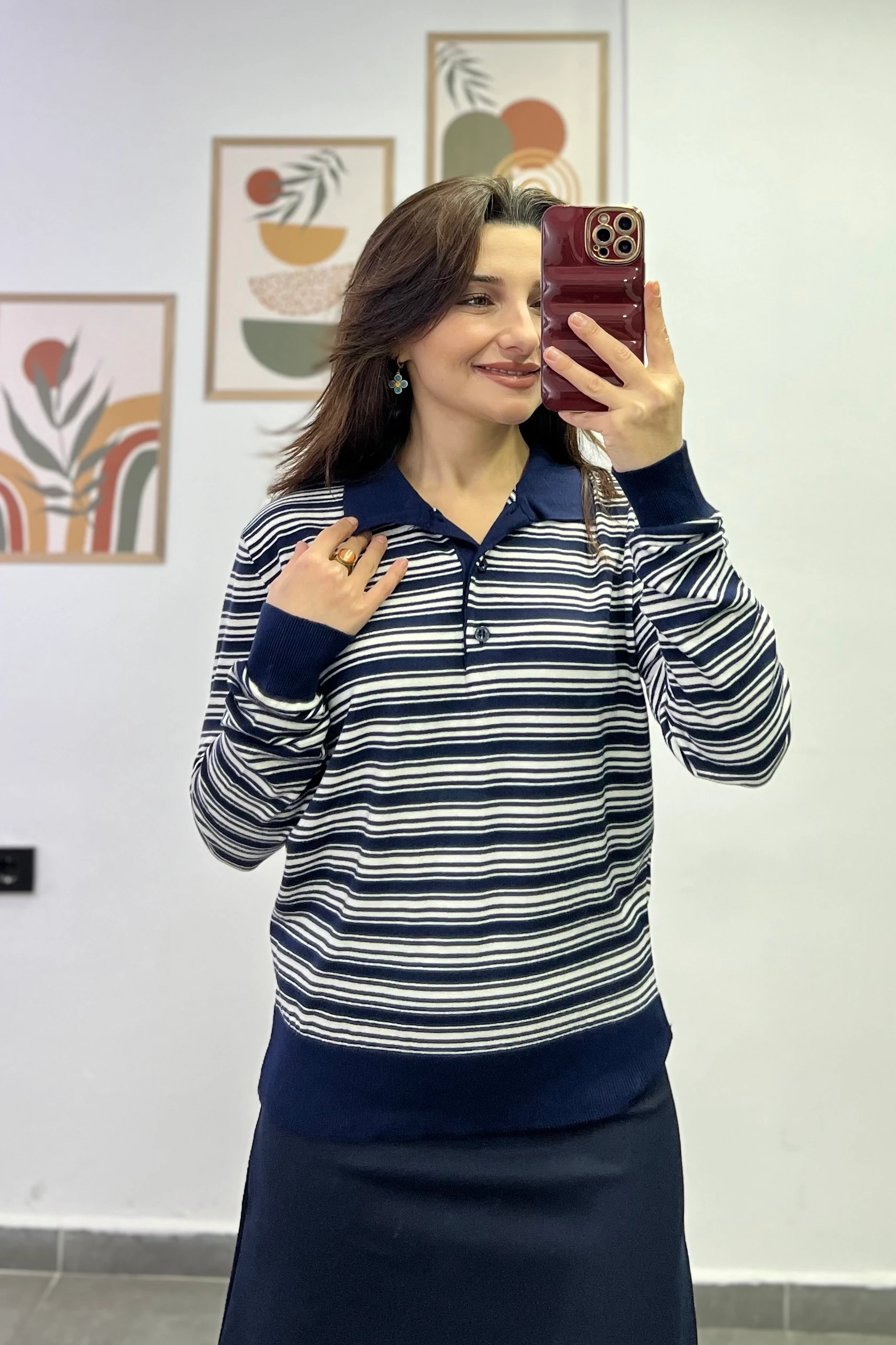 Polo Yaka Düğme Detaylı Çizgili Triko - LACIVERT