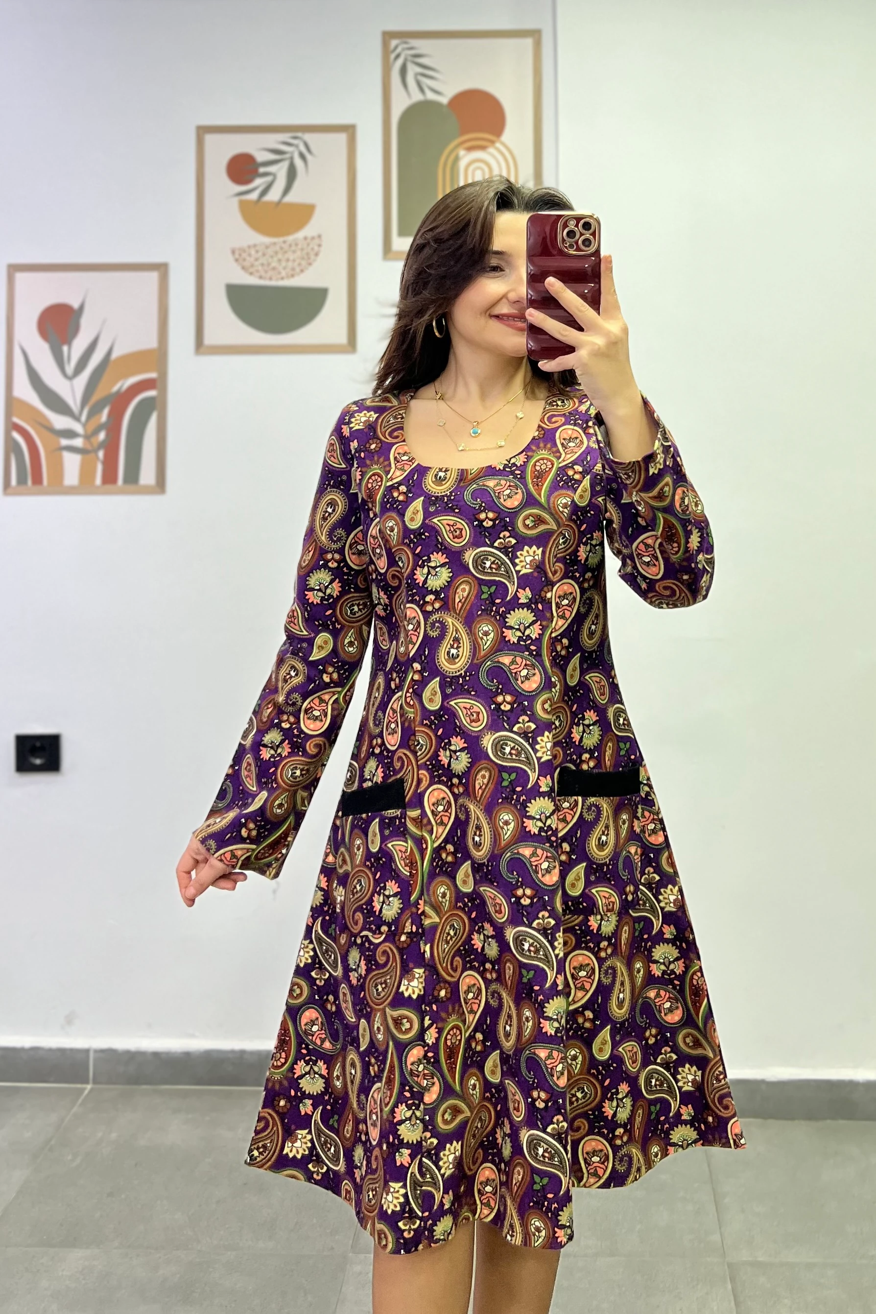 Oval Yaka Yanları Cep Detaylı Pazen Kumaş Çan Ebise - MOR