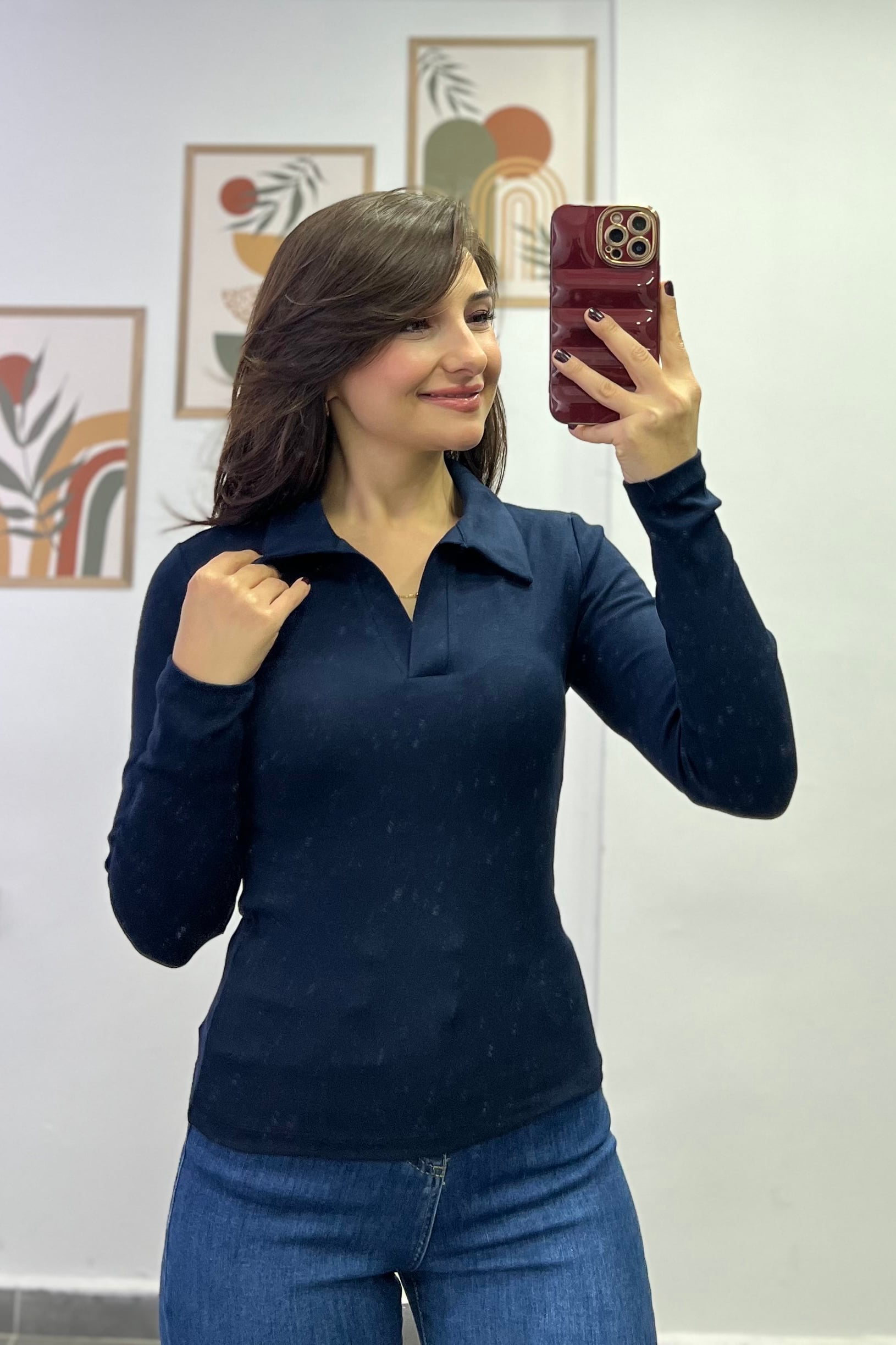 Polo Yaka Uzun Kollu Penye Bluz - LACIVERT