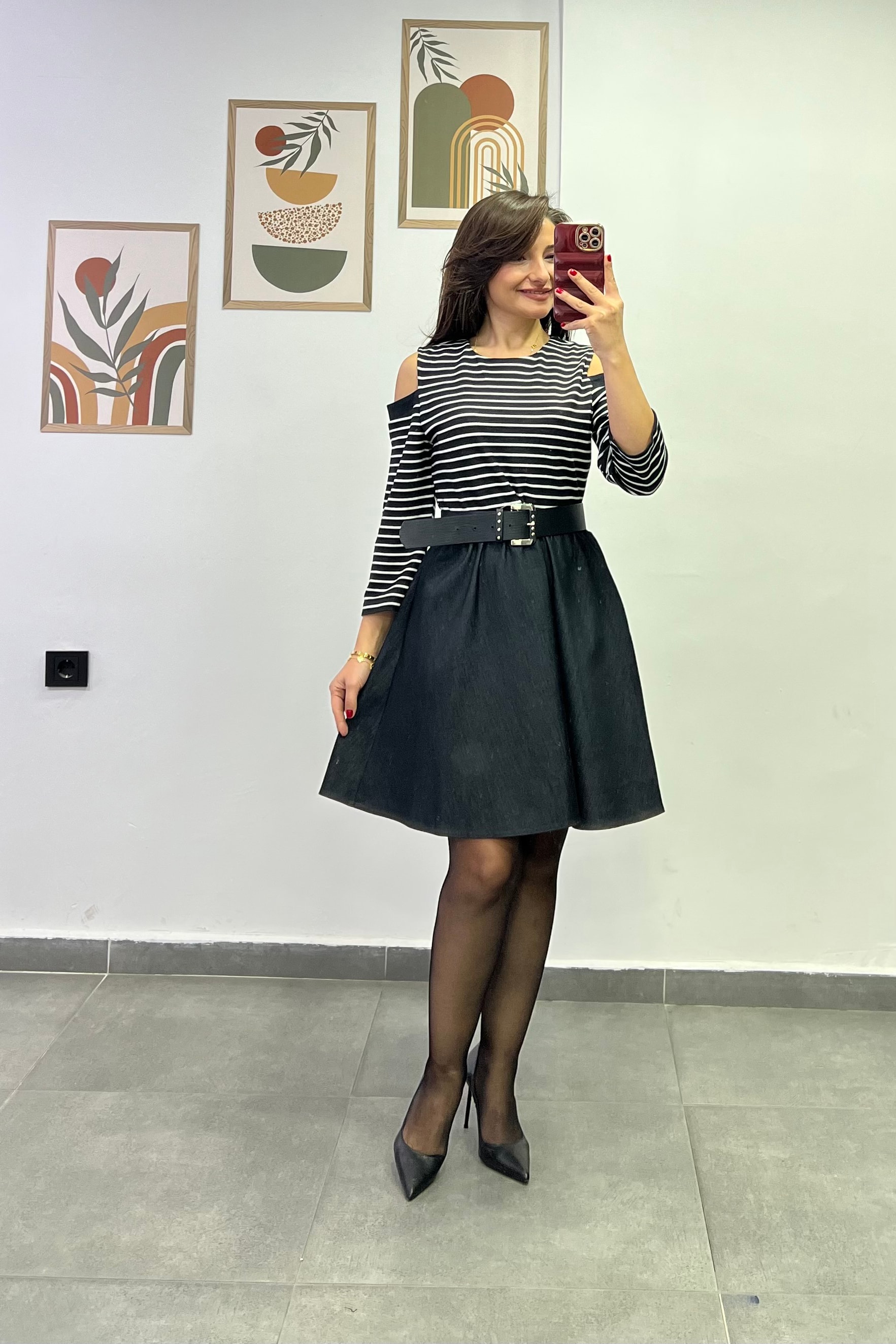 Pencere Omuzlu Üzeri Çizgili Triko Eteği Likralı Kot Kumaş Kloş Elbise 