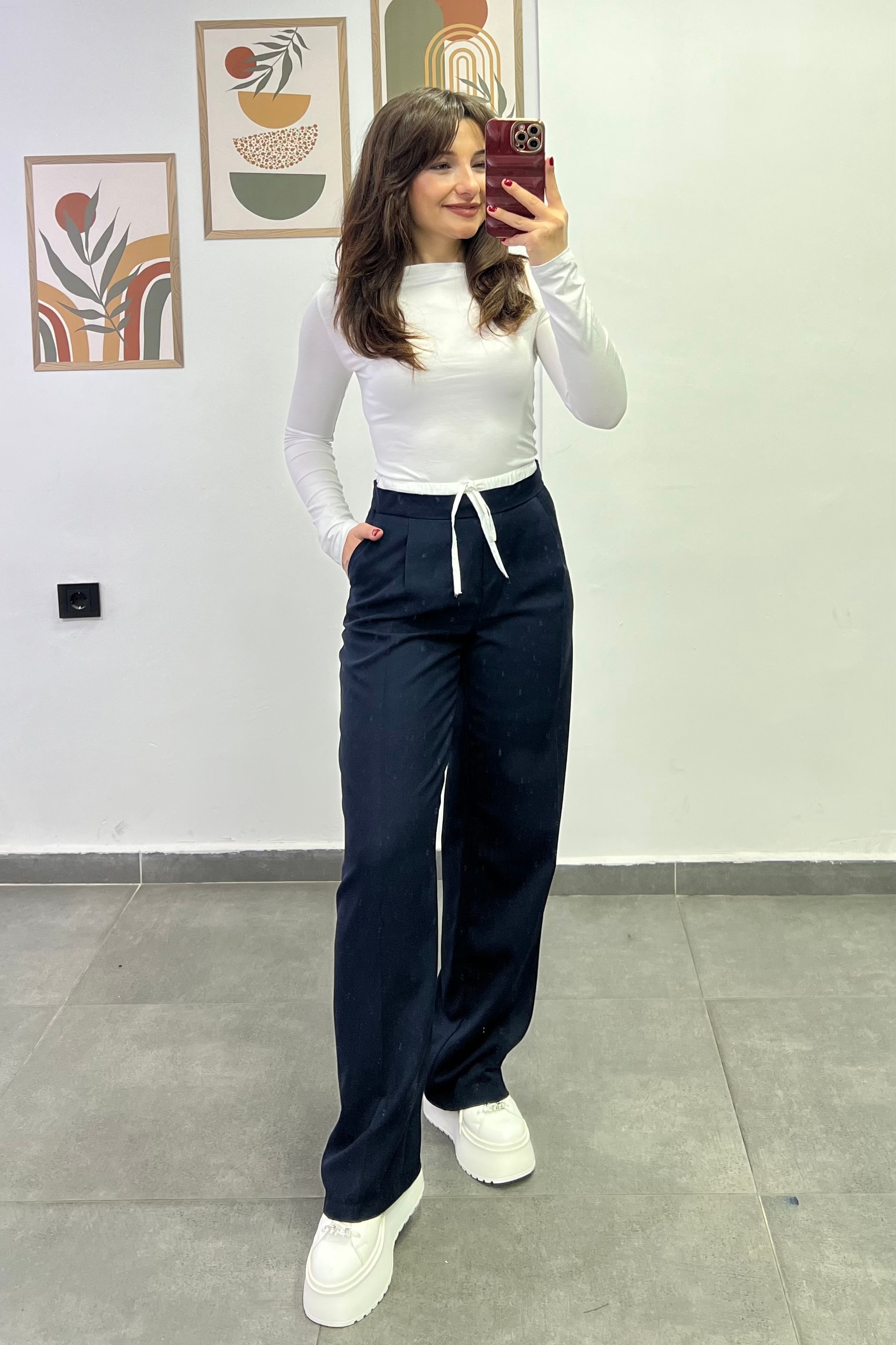 Bel Kısmı Lastikli Çift Kemer Detaylı Cepli Palazzo Kumaş Pantolon - LACIVERT