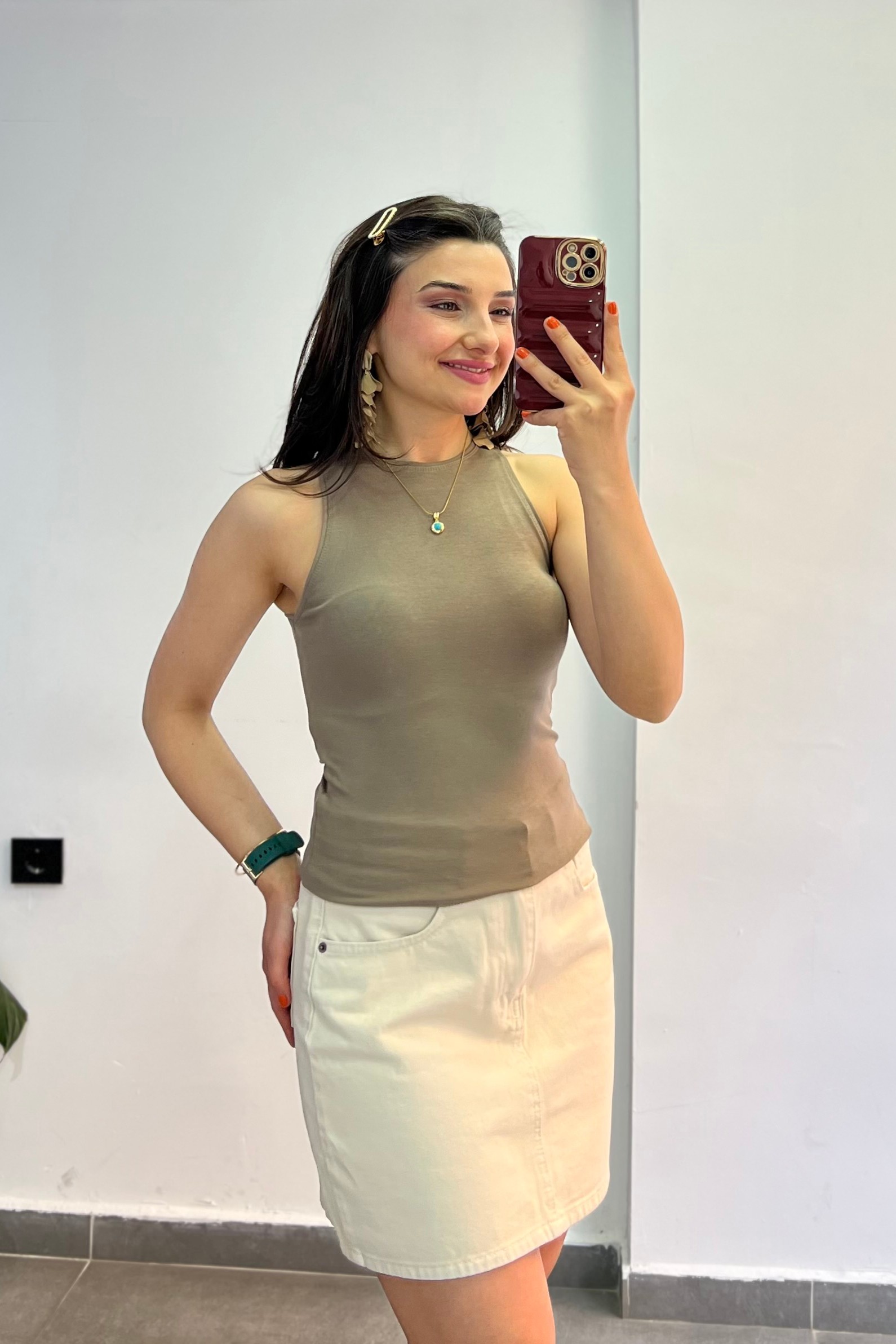 Bisiklet Yaka Halter Kol Modal Atlet - VİZON