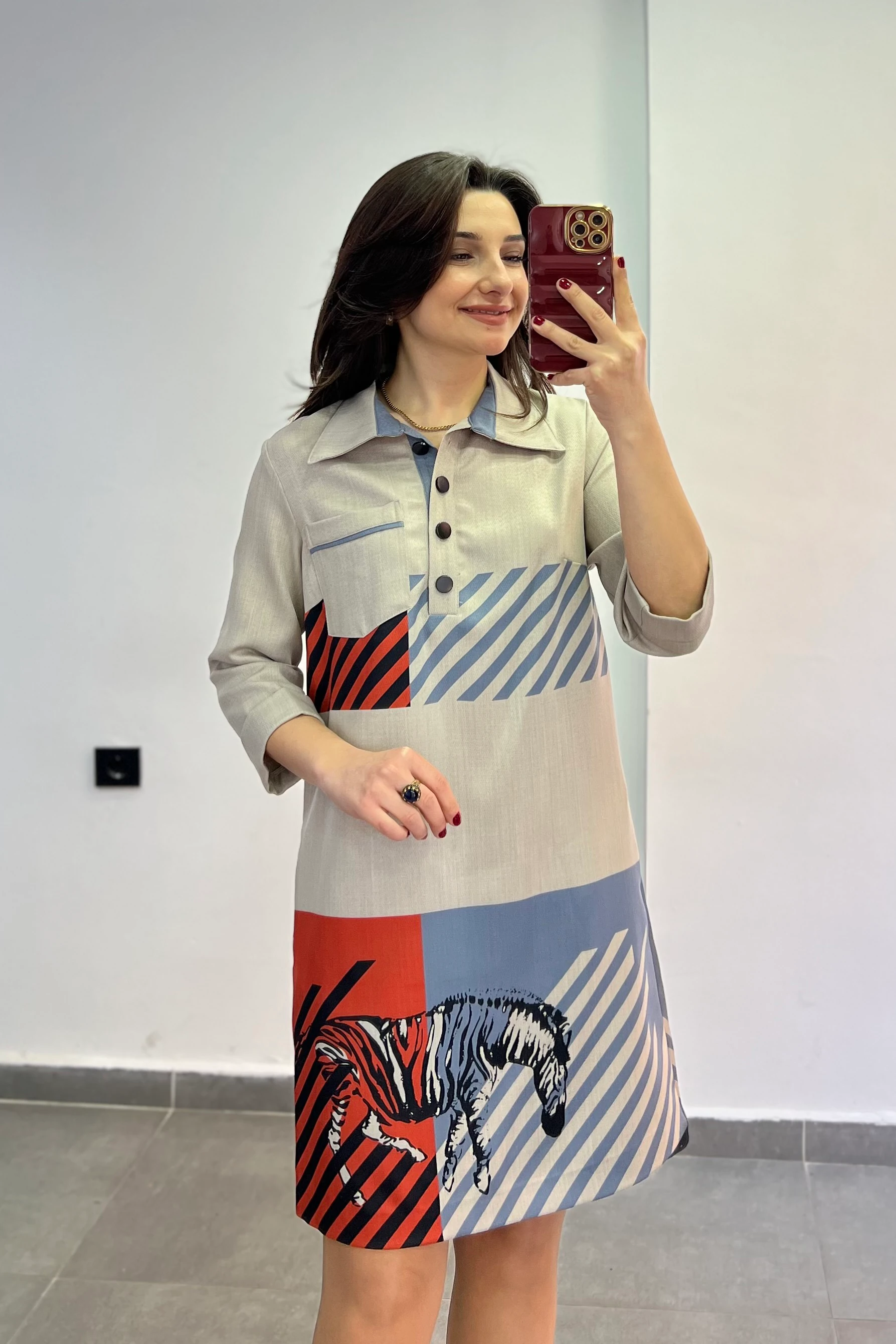 Polo Yaka Çizgili Şerit Zebra Desenli Tek Posta Cep Truvakar Kol Elbise