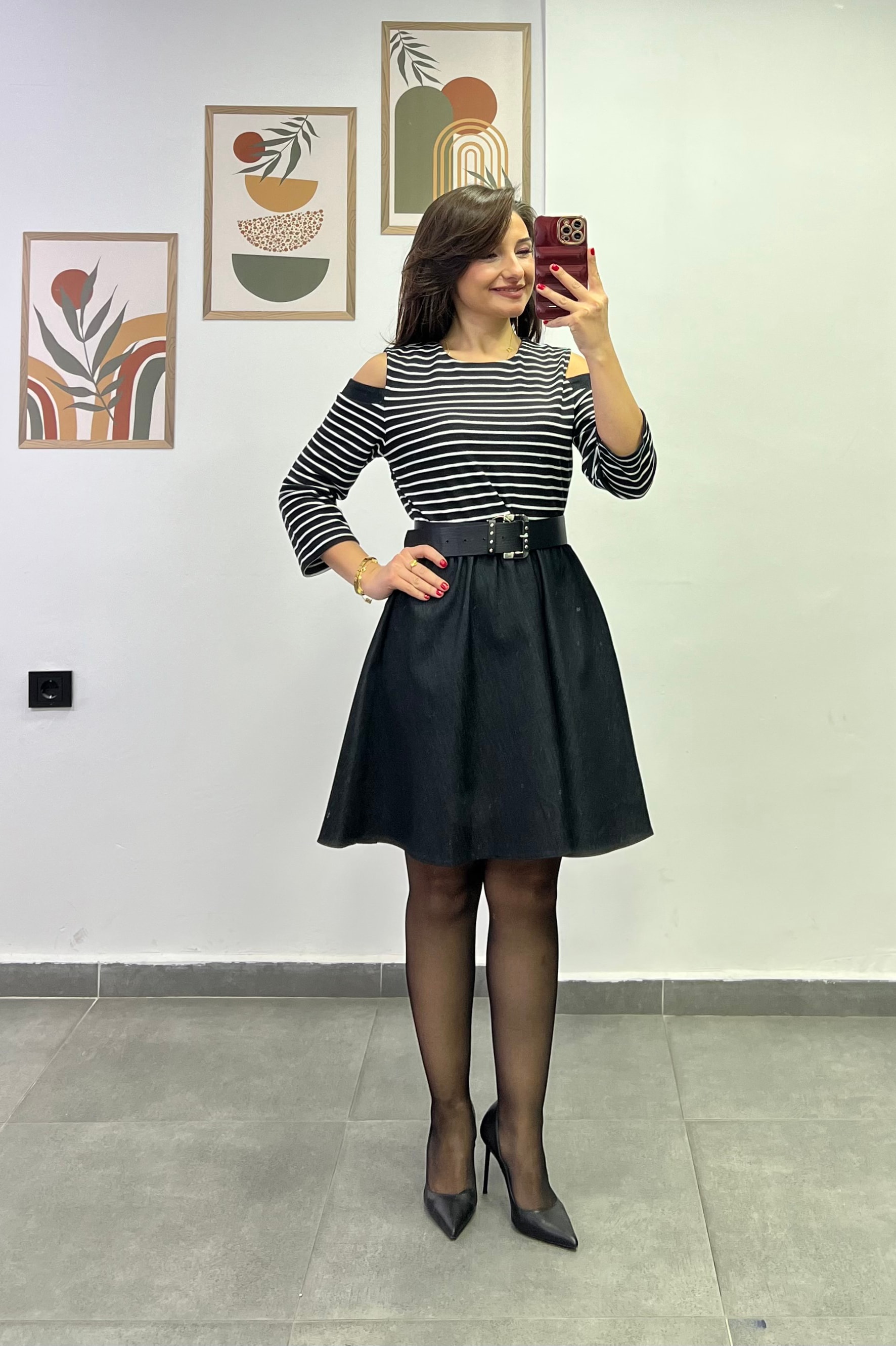 Pencere Omuzlu Üzeri Çizgili Triko Eteği Likralı Kot Kumaş Kloş Elbise 