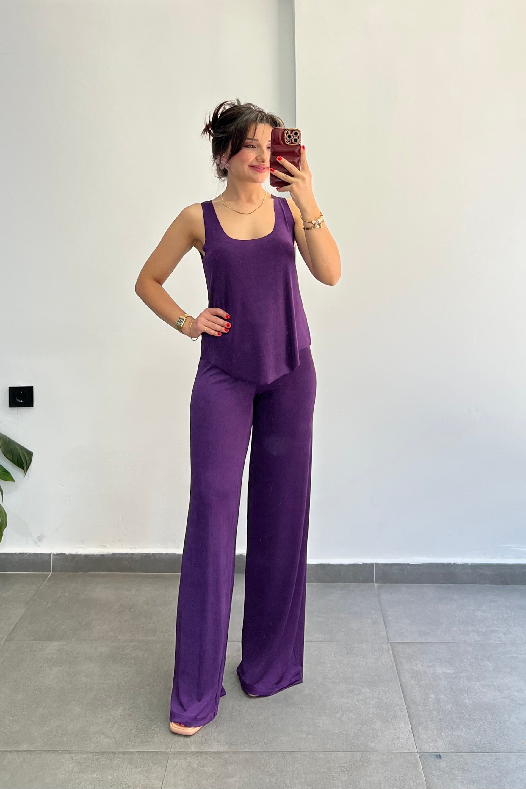Kalın Askılı Buzzy Kumaş Pantolonu Bol Paça Takım