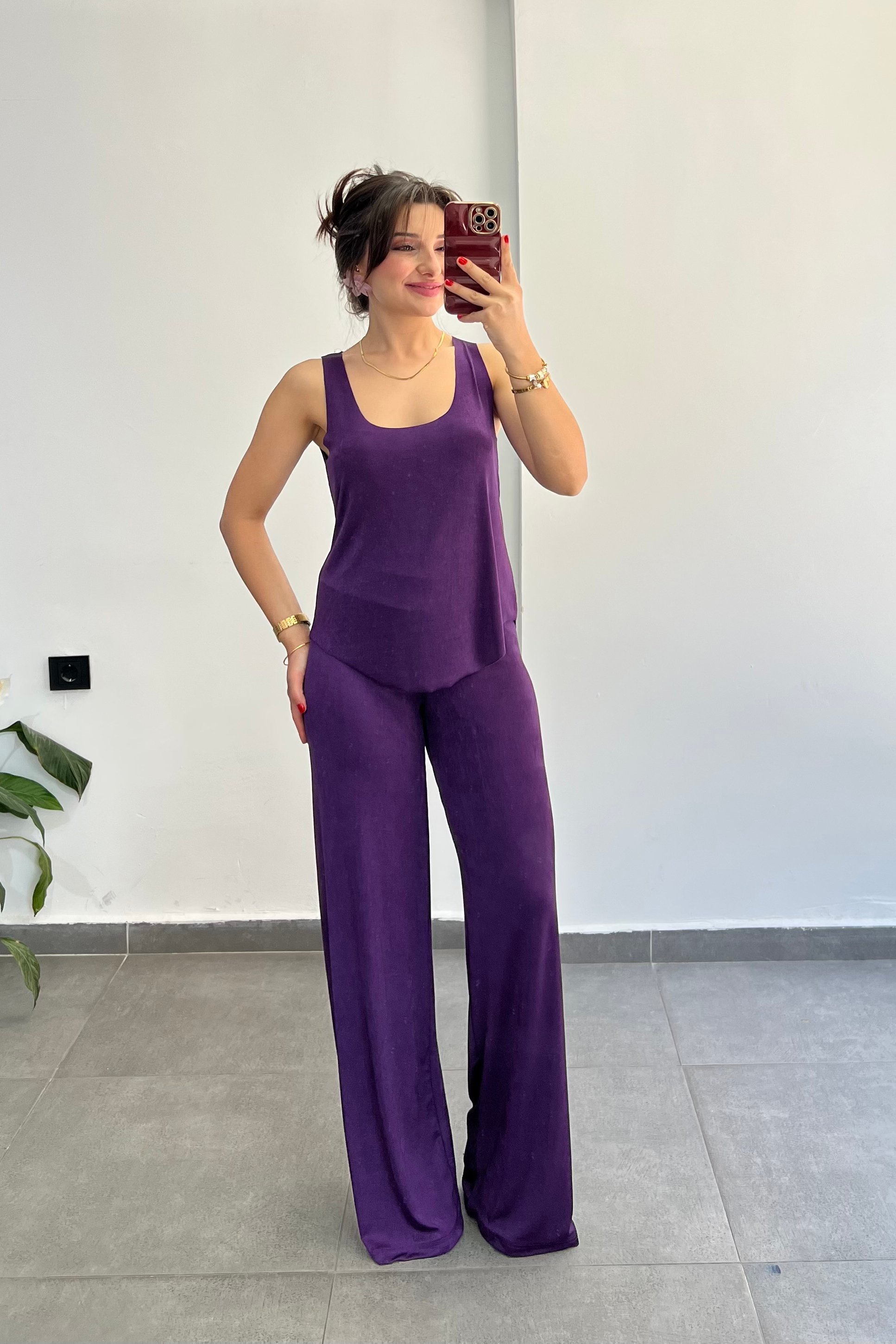 Kalın Askılı Buzzy Kumaş Pantolonu Bol Paça Takım