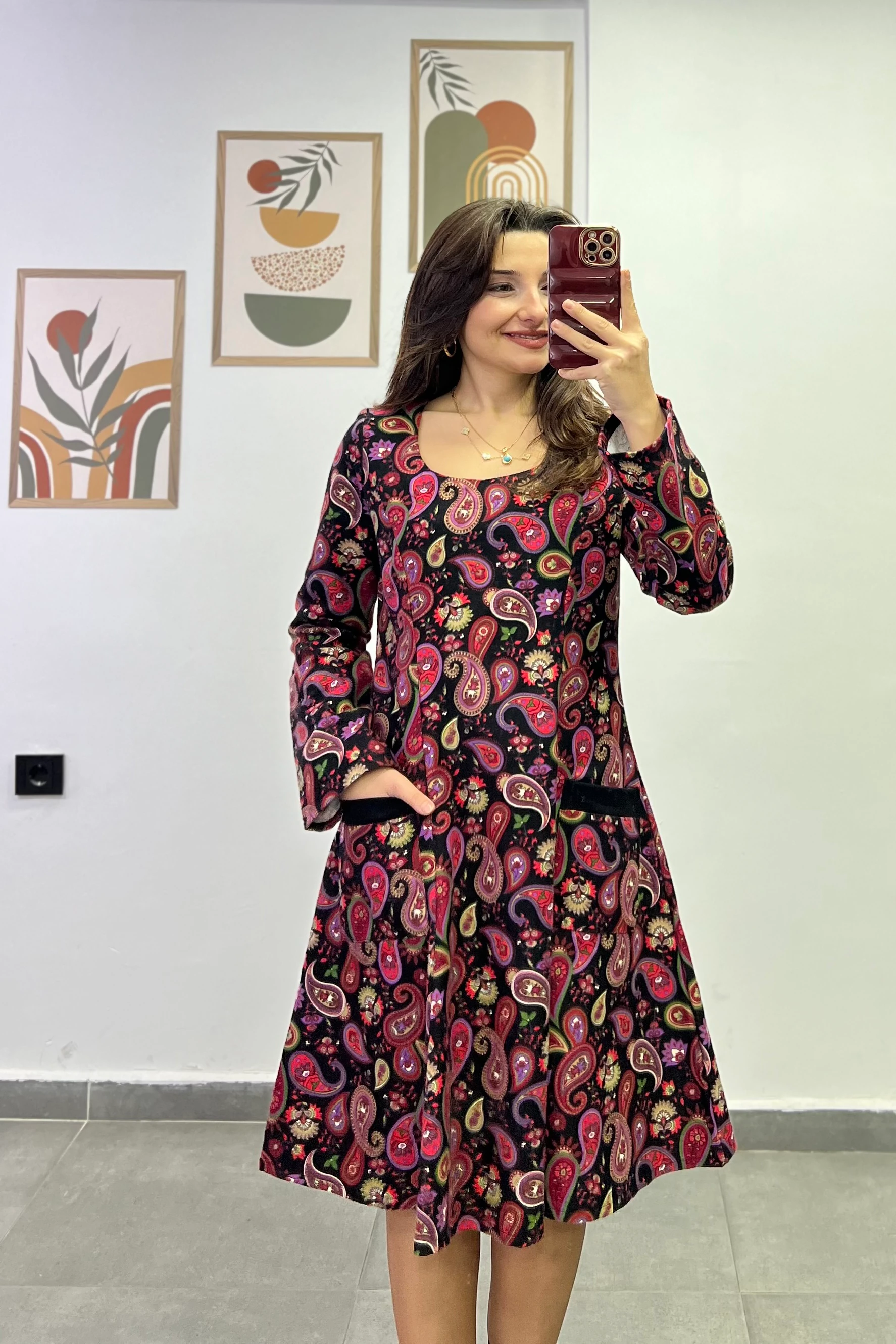 Oval Yaka Yanları Cep Detaylı Pazen Kumaş Çan Ebise - SİYAH MOR