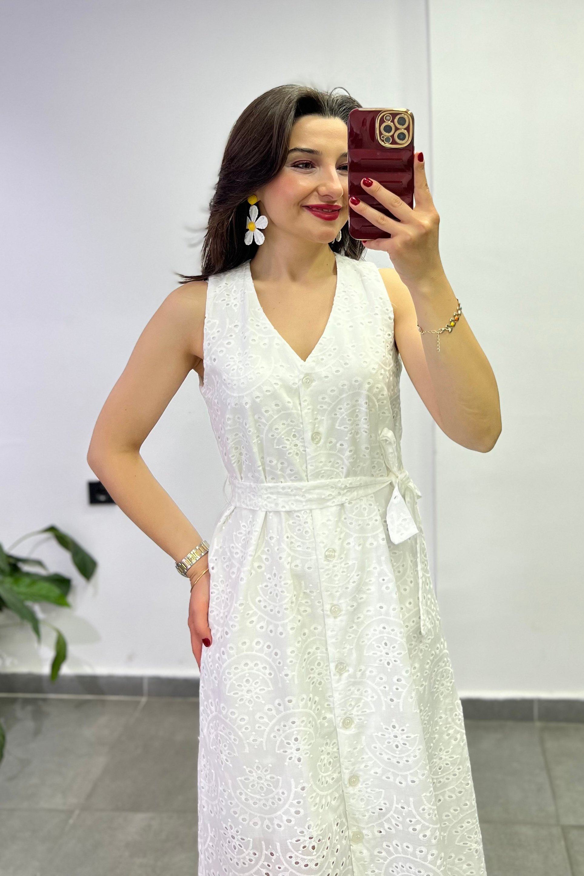 Boydan Tam Düğmeli Kuşak Detaylı Fisto Elbise