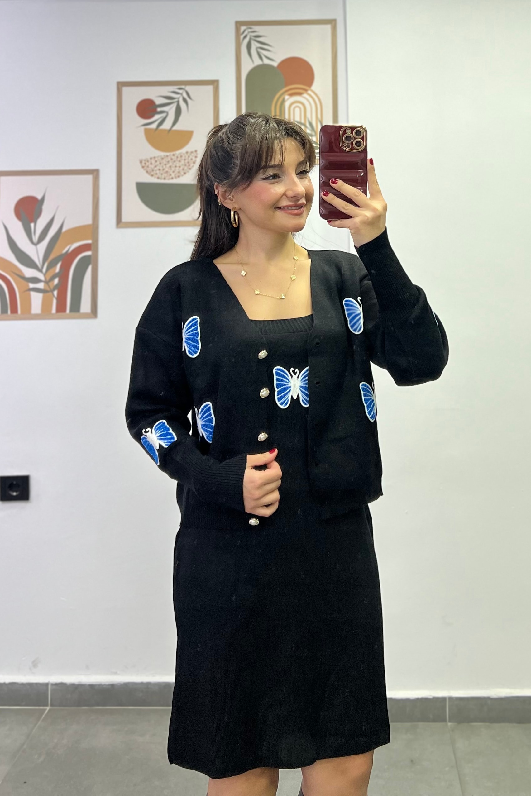 İç Elbisesi İp Askılı Üzeri Kelebek Nakışlı Hırka Detaylı Triko Takım