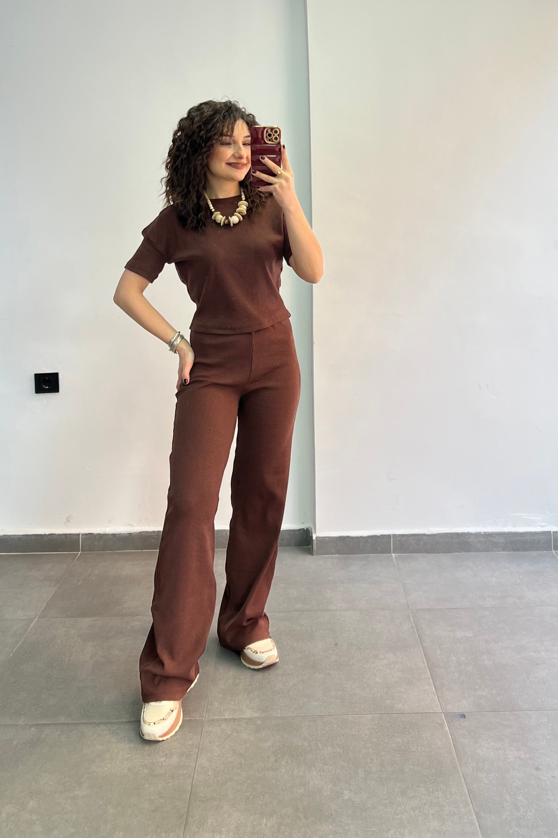 Bisiklet Yaka Beli Bağlamalı Fitilli Kumaş İkili Takım - KAHVERENGI