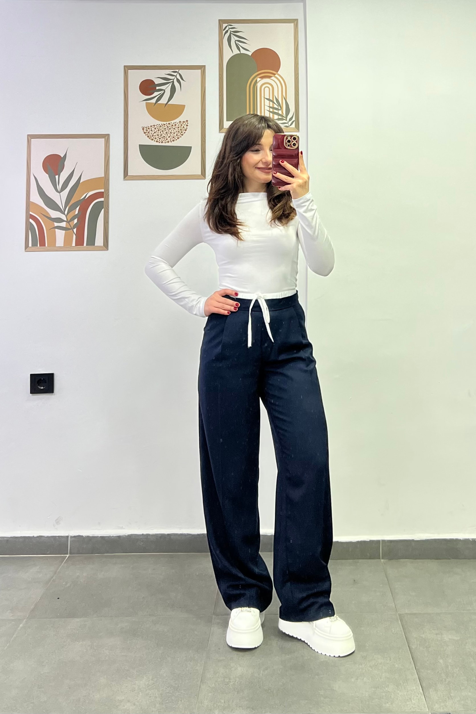 Bel Kısmı Lastikli Çift Kemer Detaylı Cepli Palazzo Kumaş Pantolon - LACIVERT