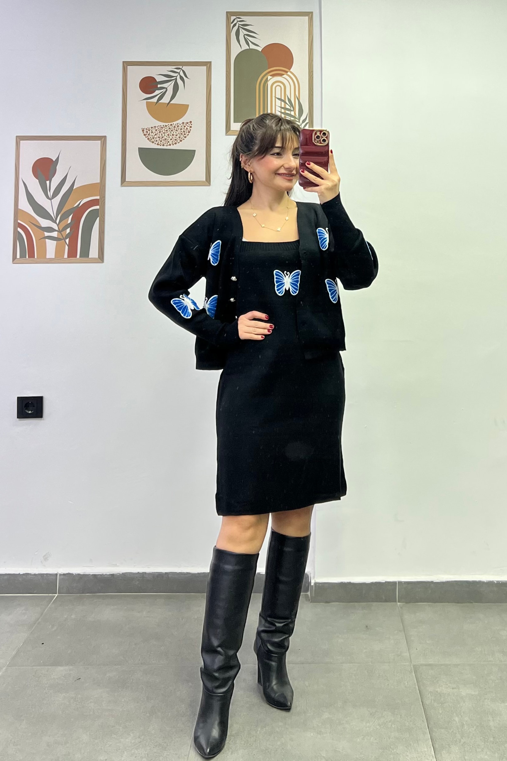 İç Elbisesi İp Askılı Üzeri Kelebek Nakışlı Hırka Detaylı Triko Takım