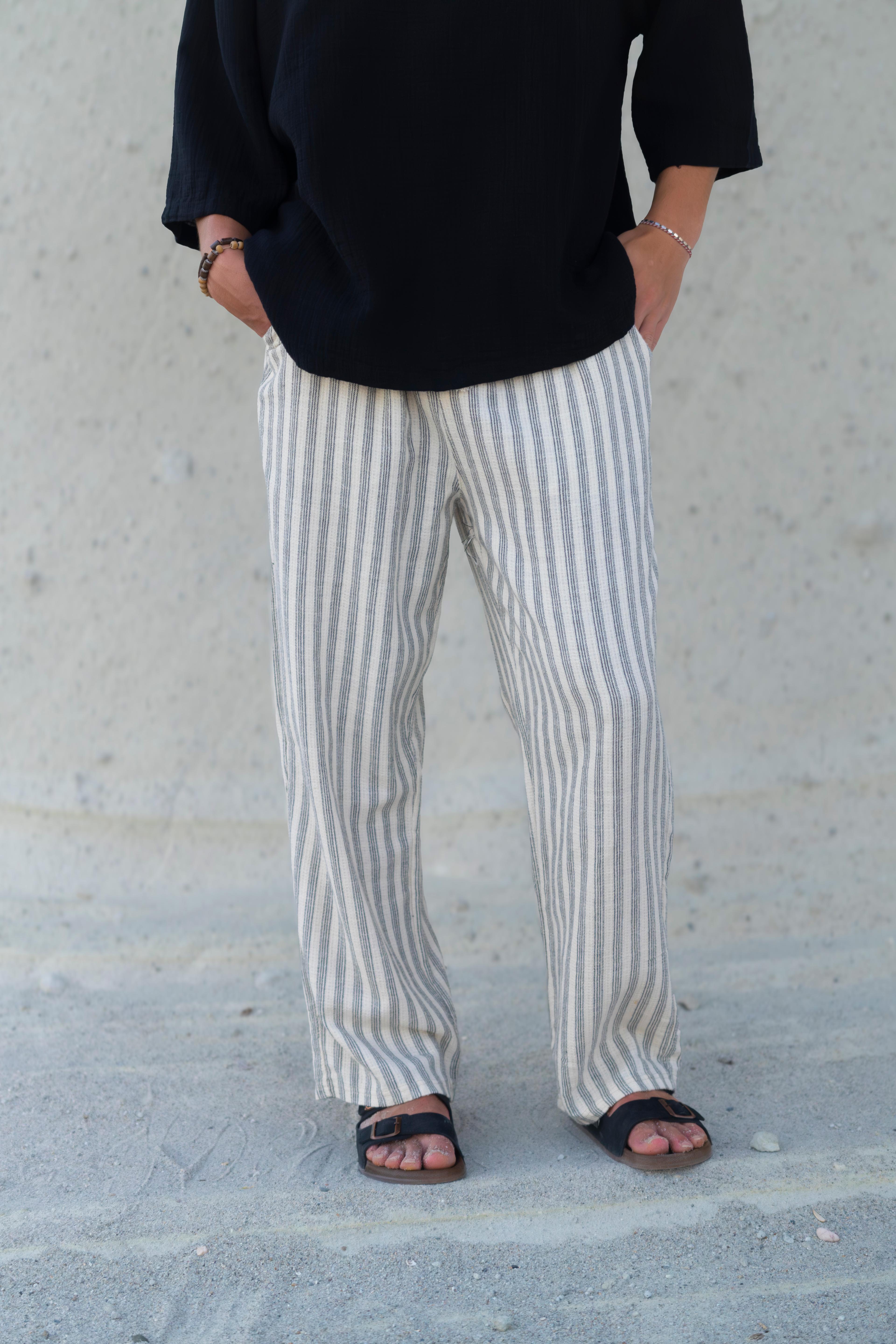 Çizgili Keten Baggy Pantolon 
