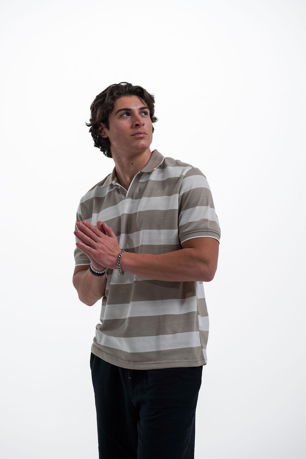 ÇİZGİLİ MERSERİZE  KUMAŞ POLO YAKA T-SHIRT - Bej-Beyaz