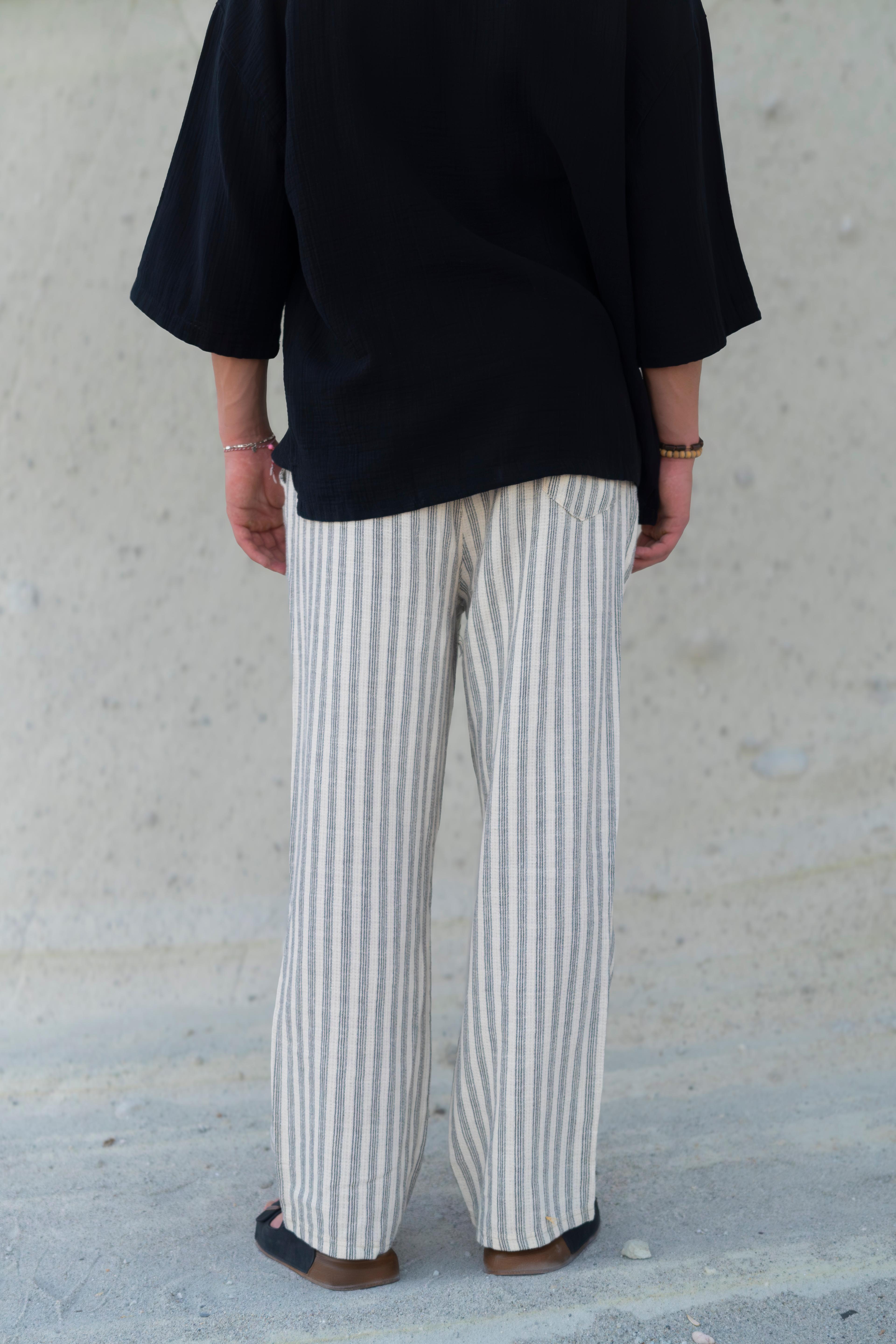 Çizgili Keten Baggy Pantolon 