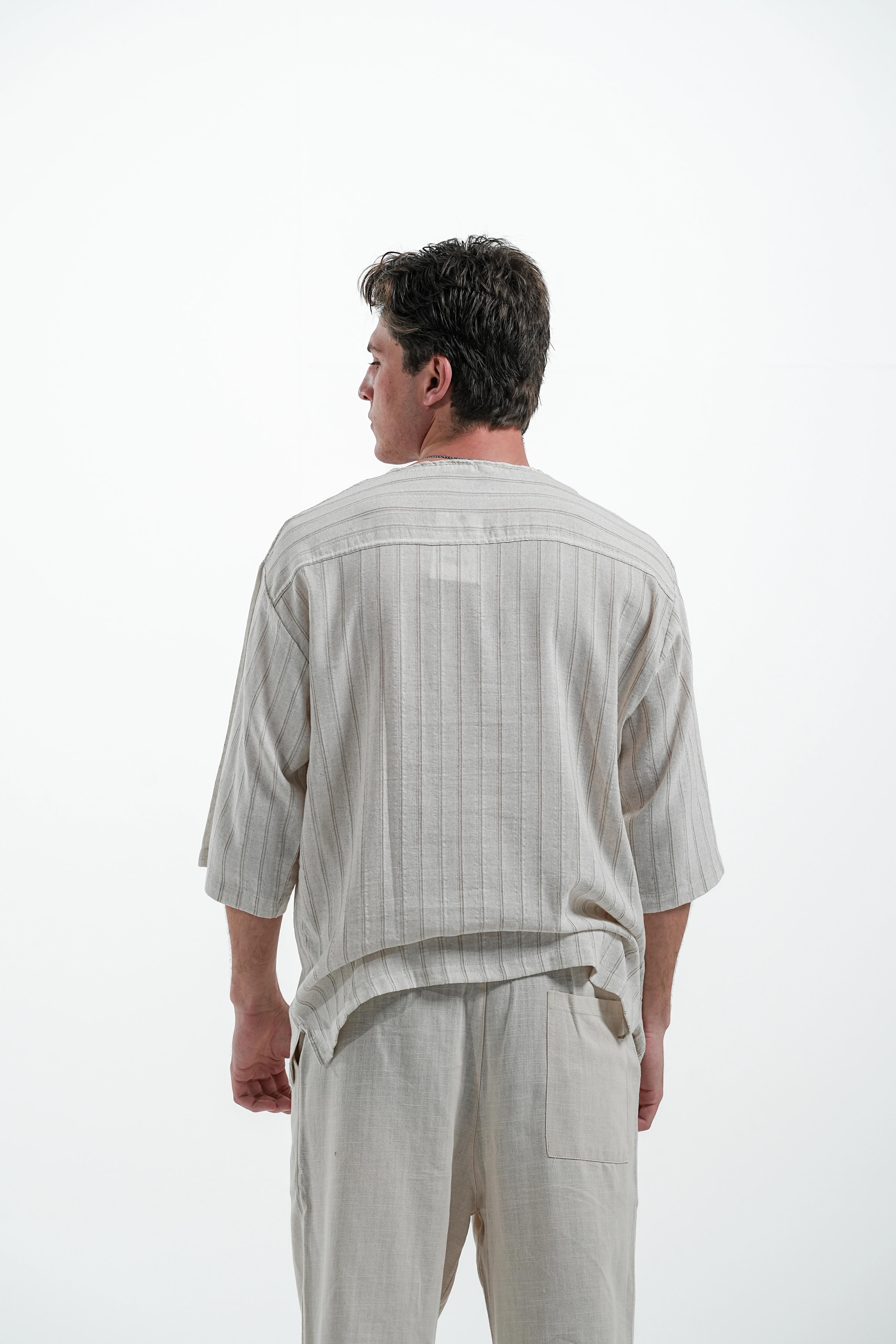 KETEN V-YAKA OVERSIZE ÇİZGİLİ 