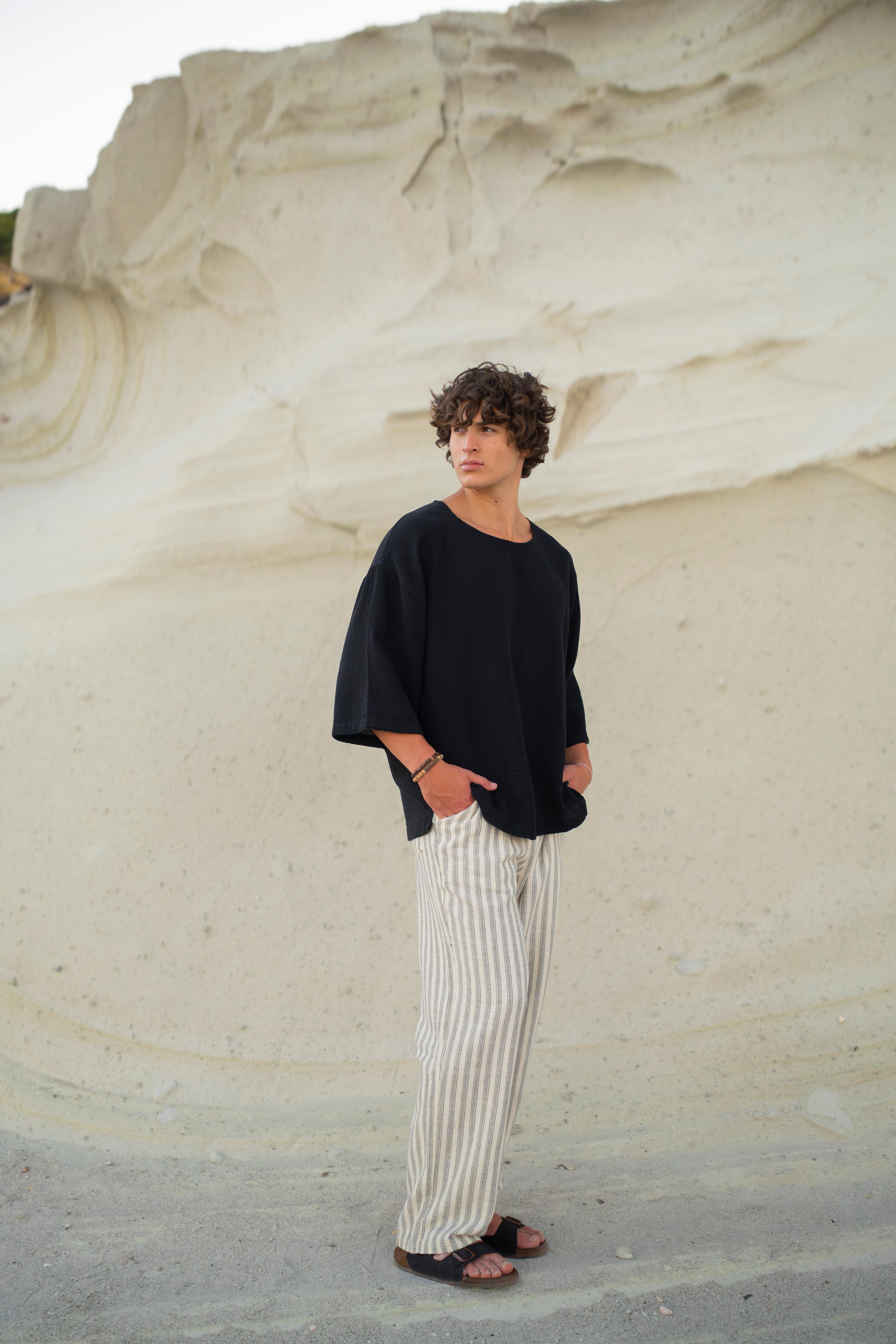 BASIC KETEN T- SHIRT - Siyah