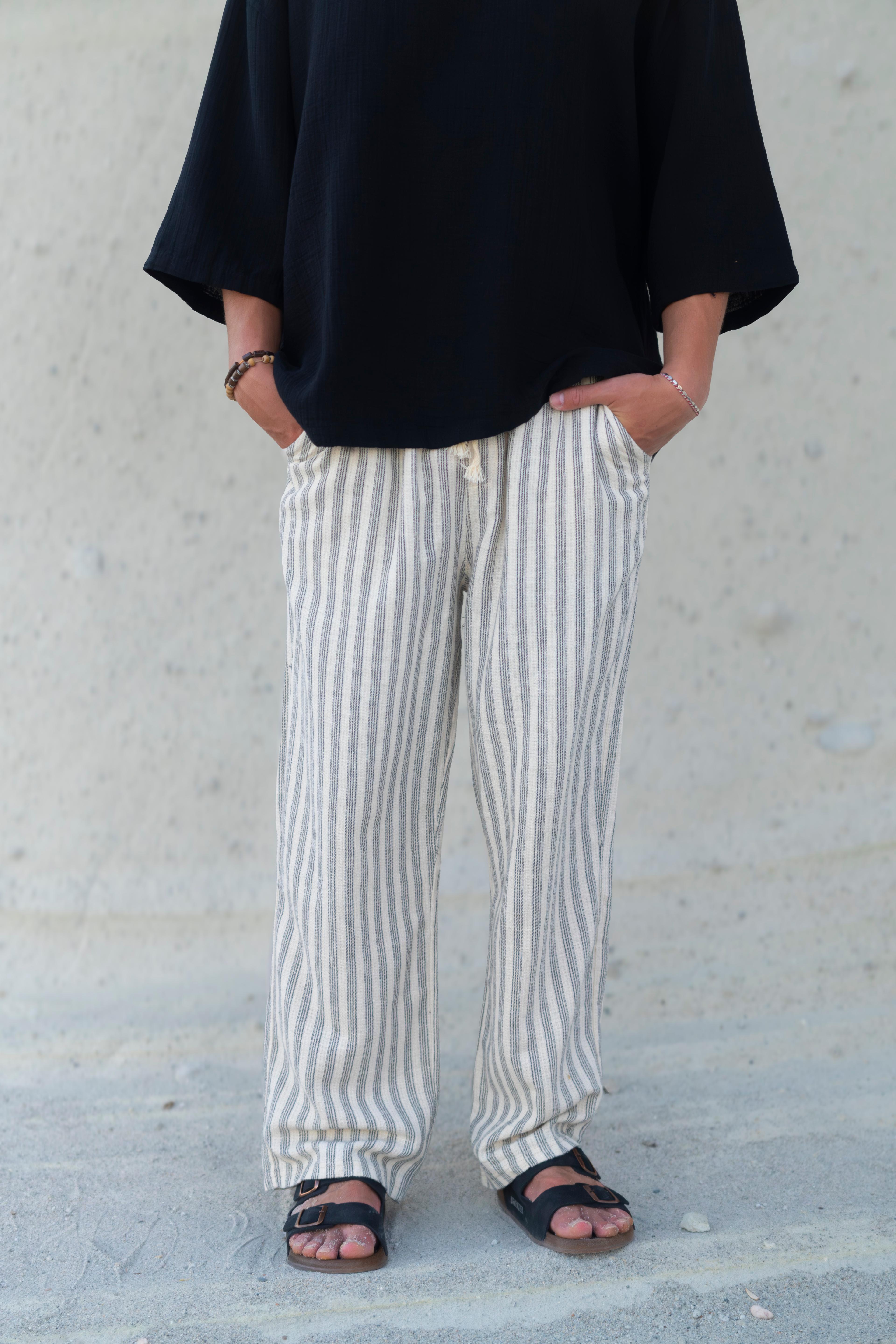 Çizgili Keten Baggy Pantolon 
