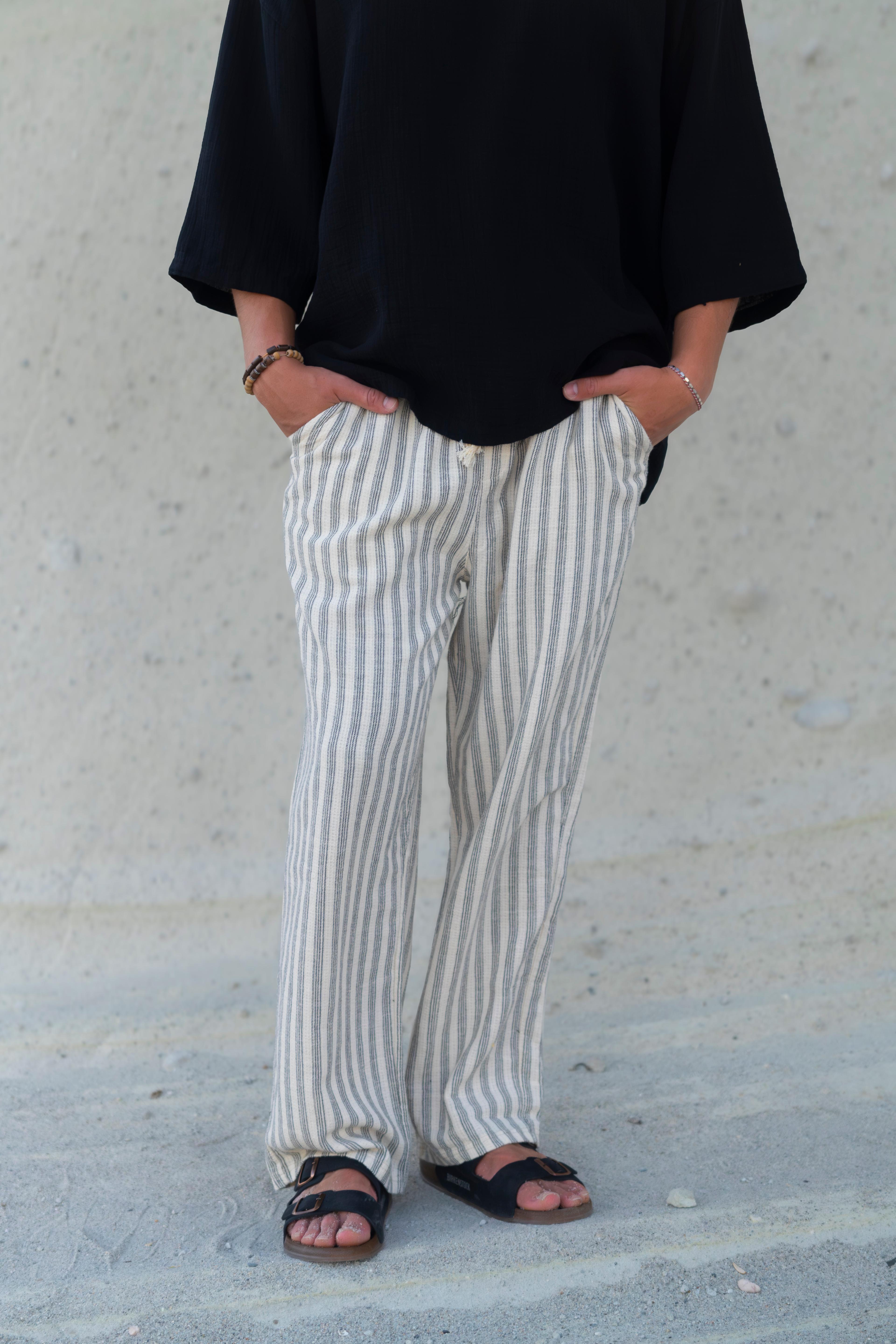 Çizgili Keten Baggy Pantolon 