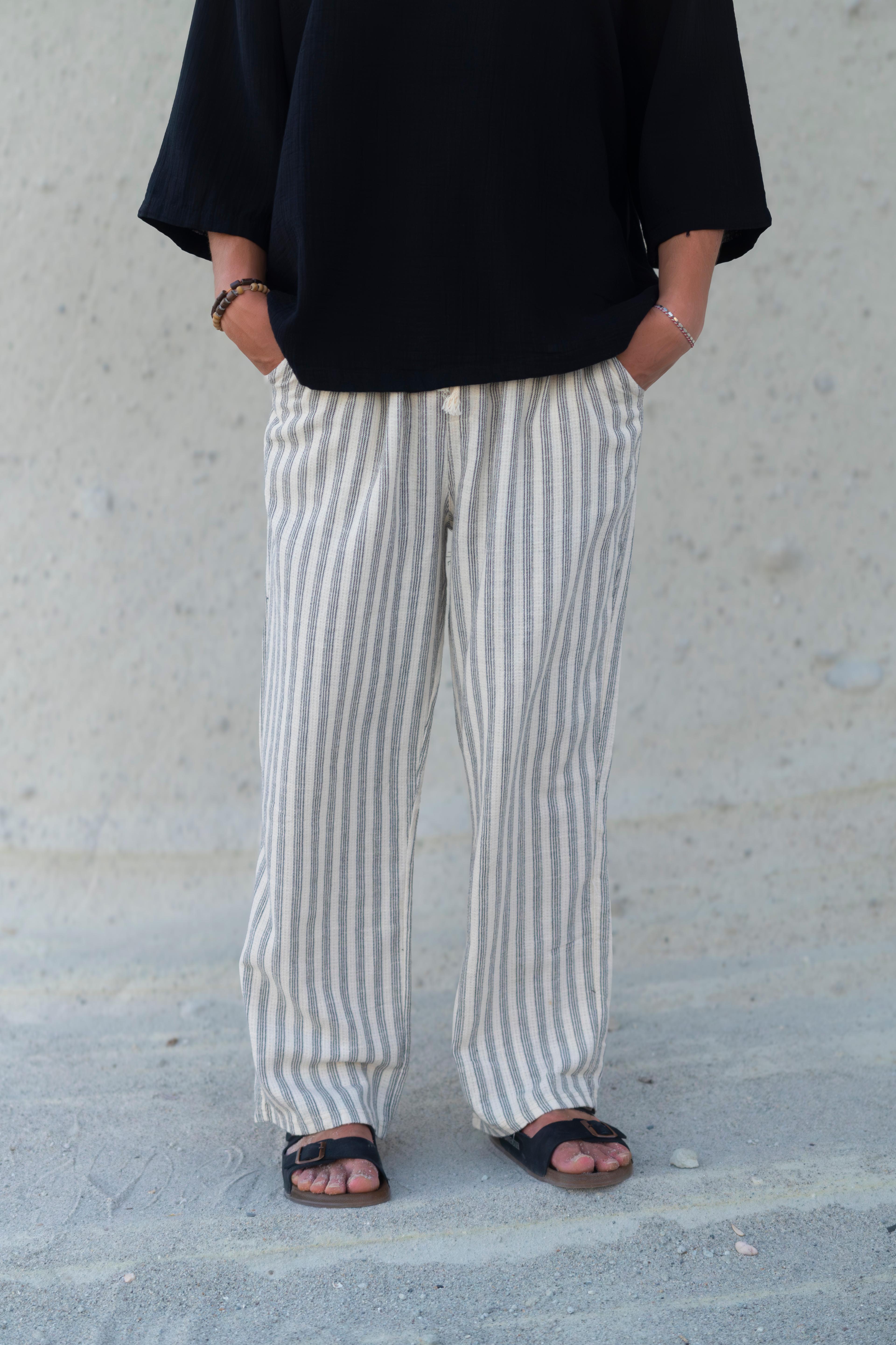 Çizgili Keten Baggy Pantolon 