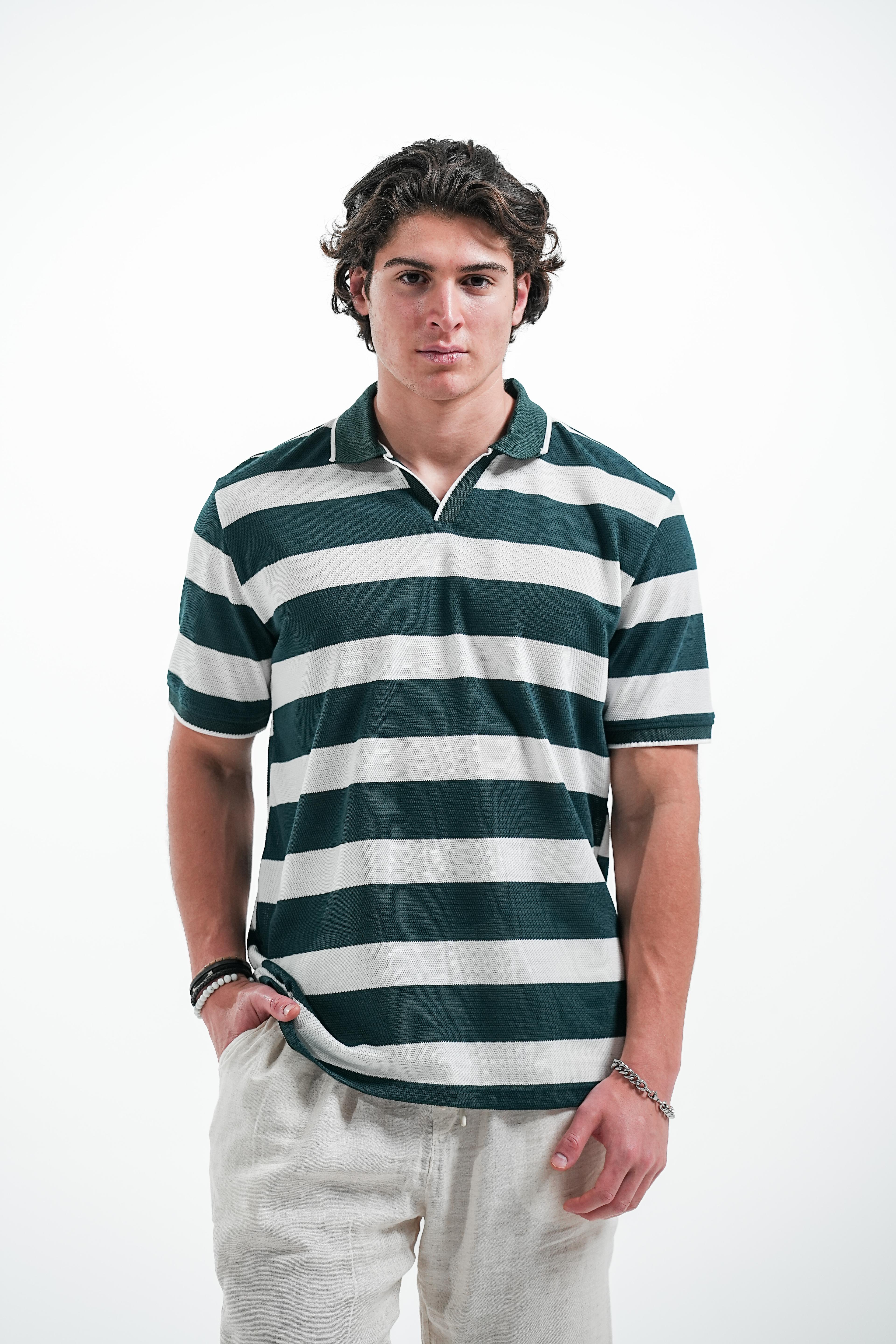 ÇİZGİLİ MERSERİZE  KUMAŞ POLO YAKA T-SHIRT - Yeşil-Beyaz