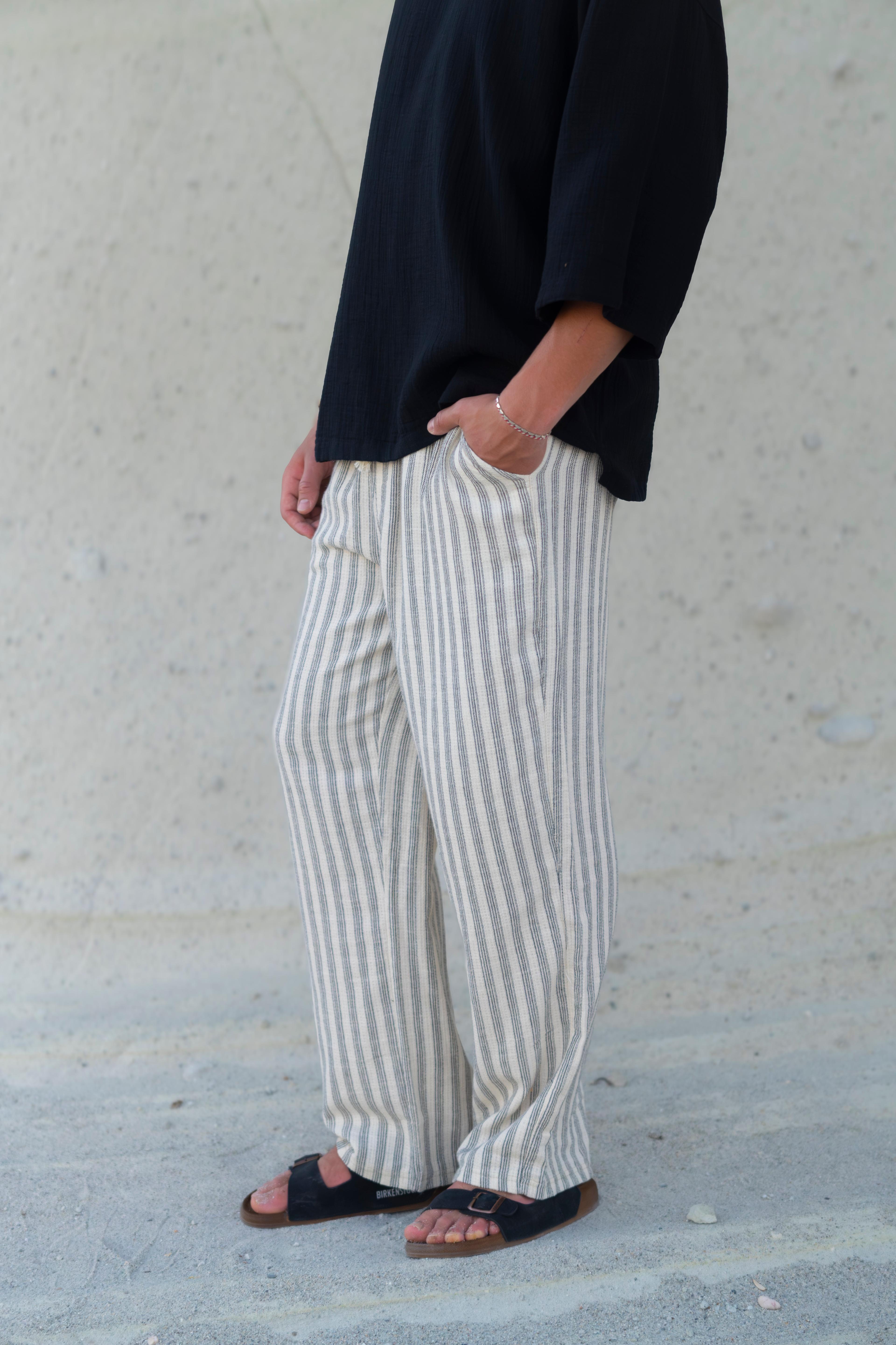 Çizgili Keten Baggy Pantolon 